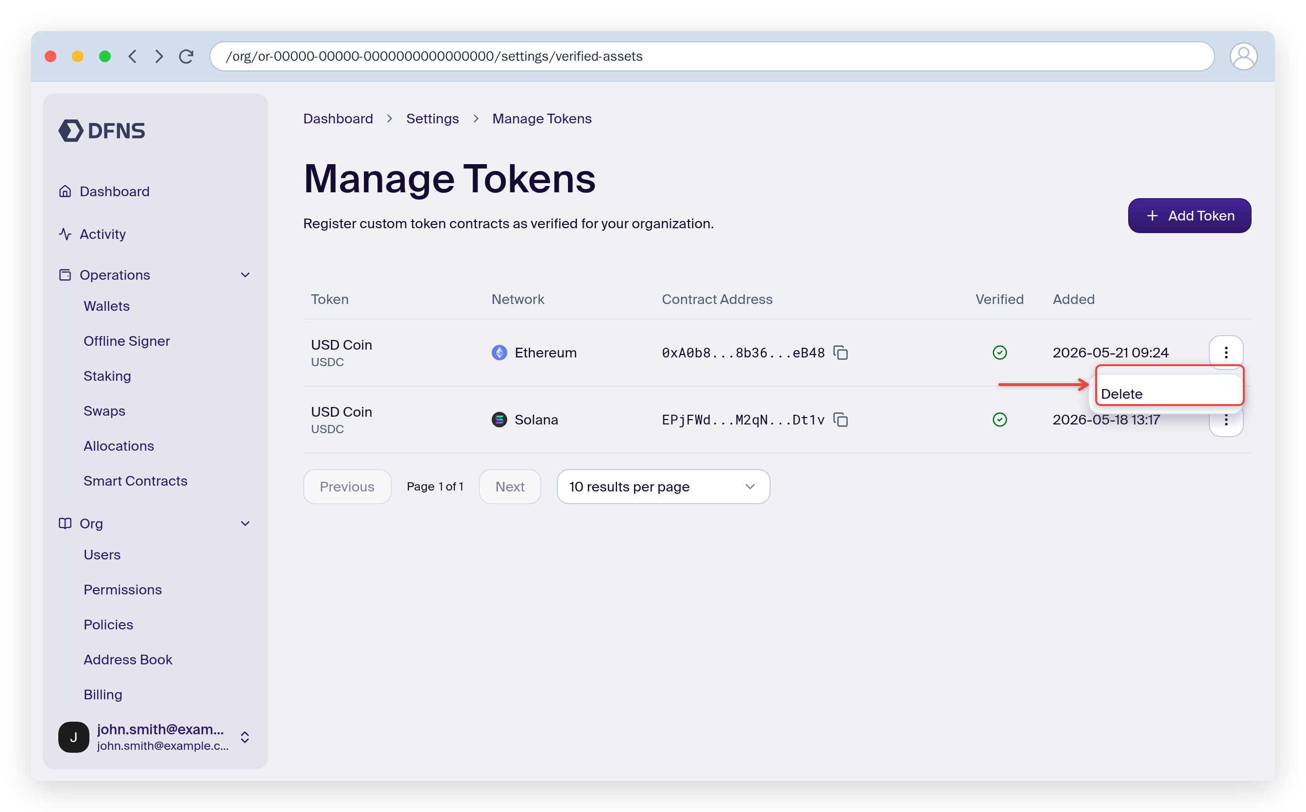 Token action menu with Delete highlighted
