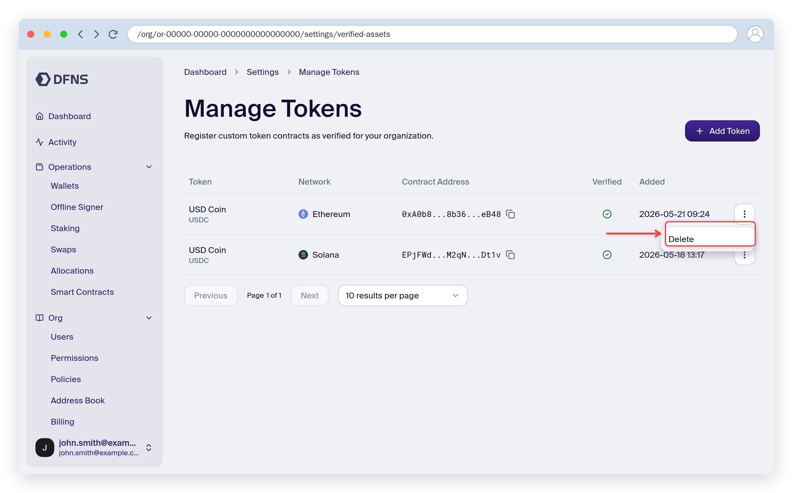 Token action menu with Delete highlighted