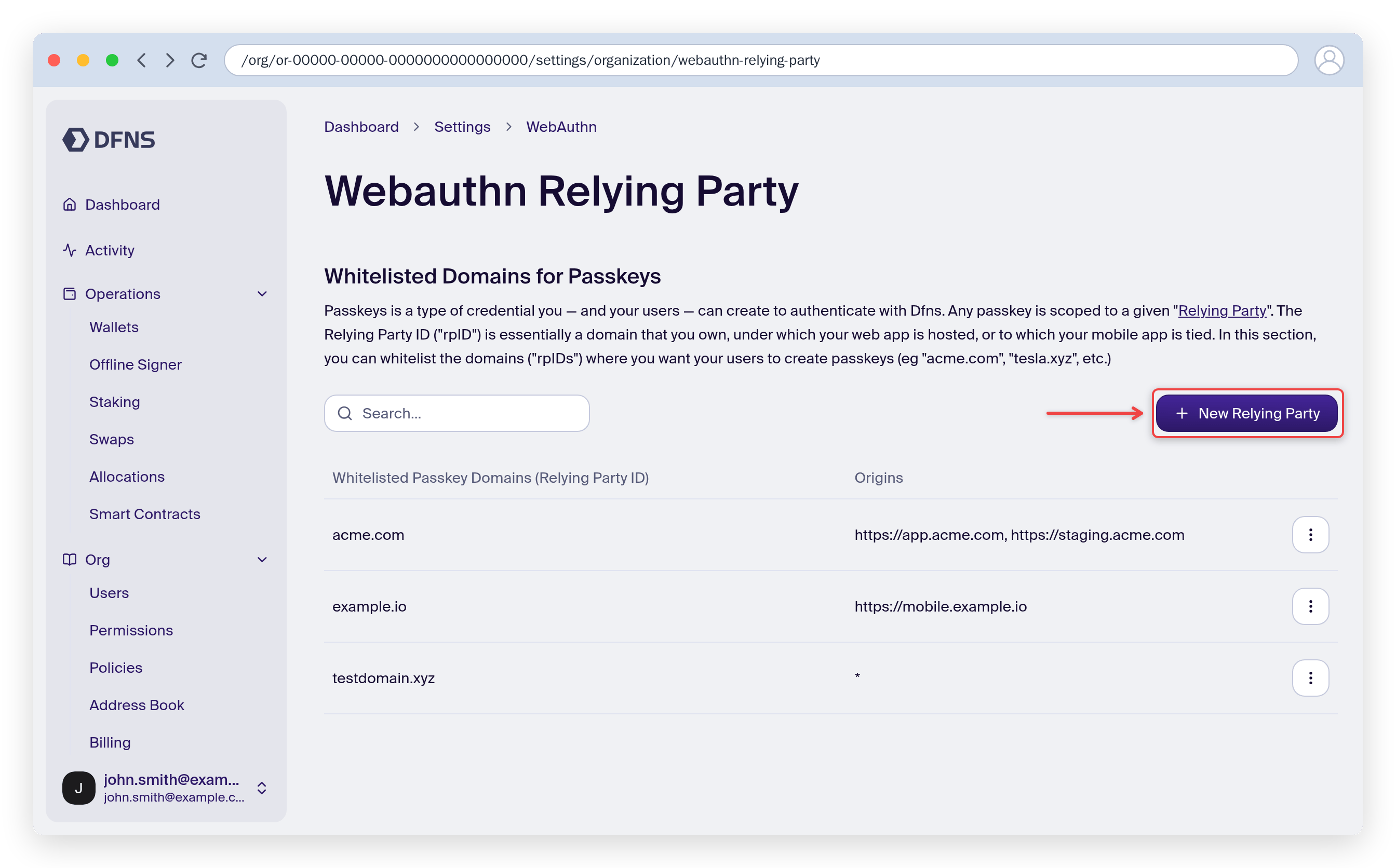 Webauthn Relying Party page listing whitelisted passkey domains and their origins