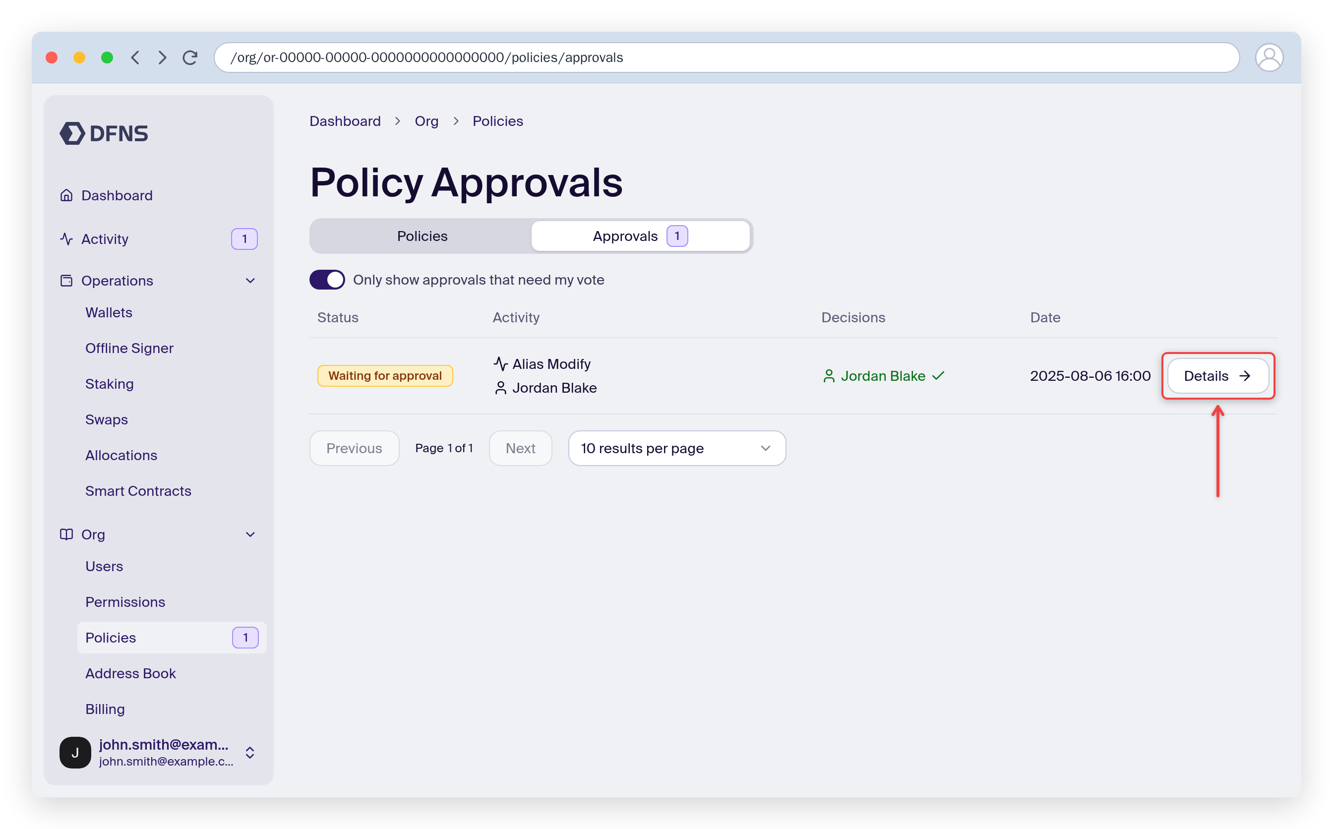 Policy Approvals list with a pending request, its approver decisions, and the Details link highlighted