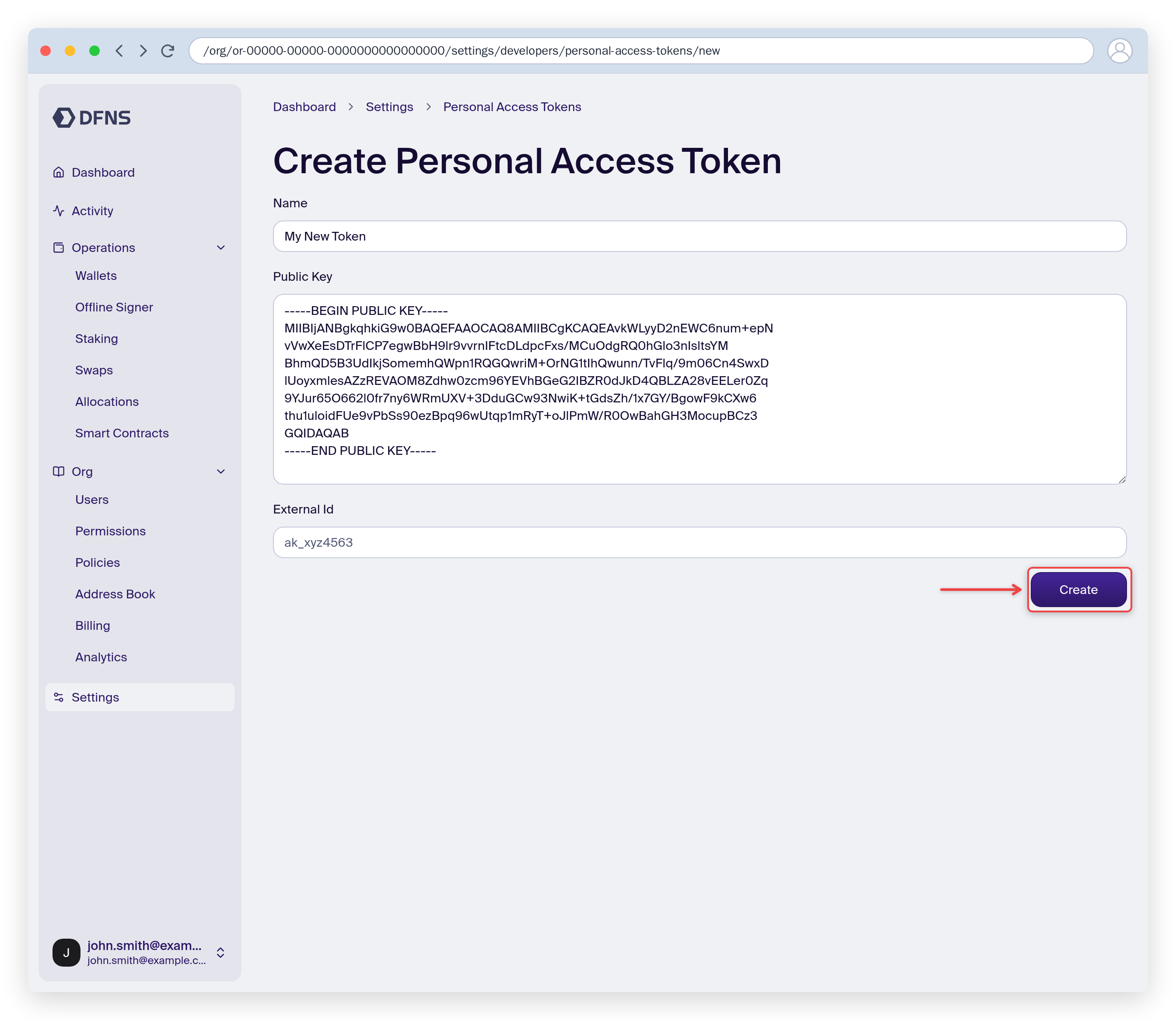 New personal access token form with a name and public key, Create button highlighted