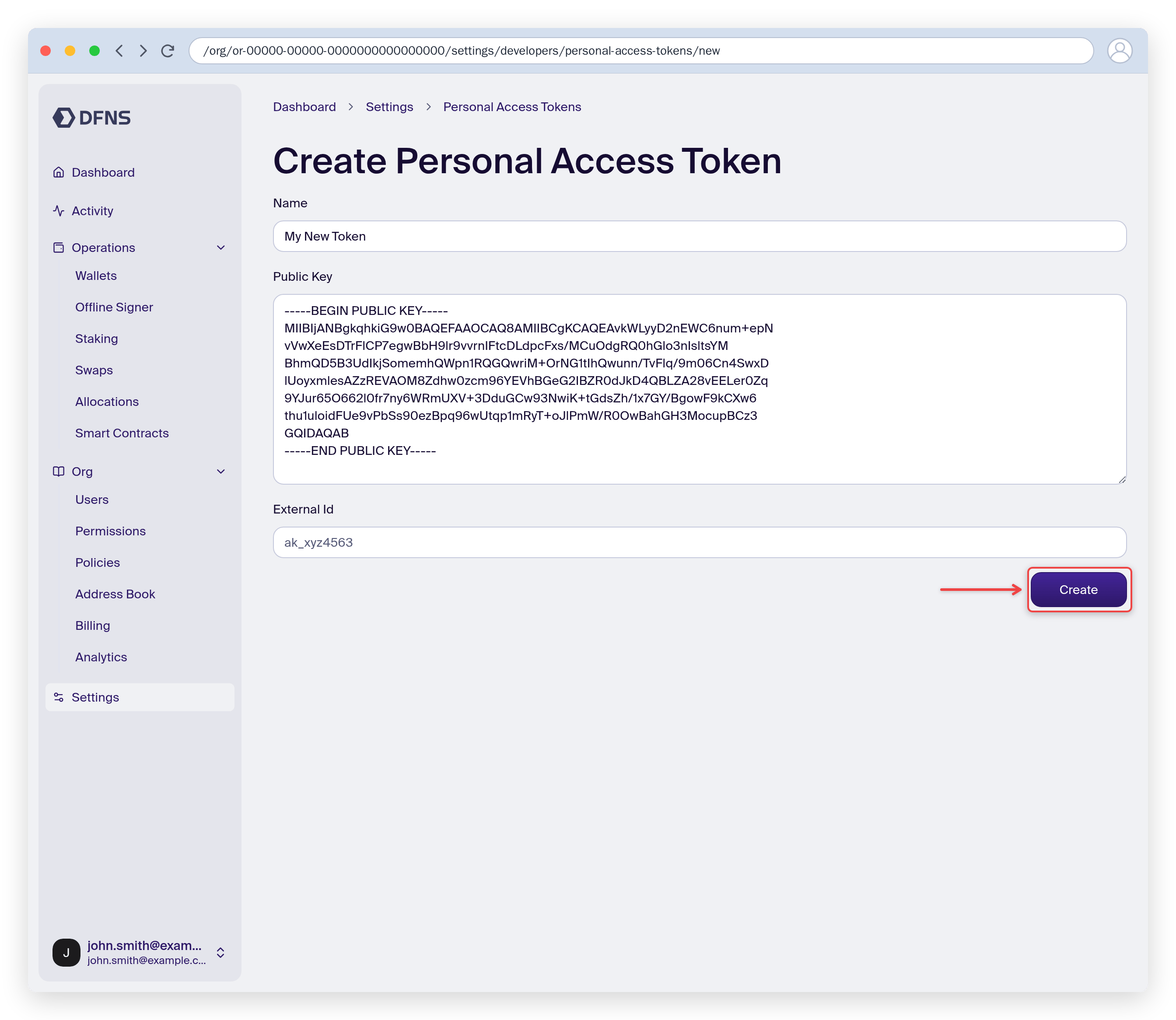 New personal access token form with a name and public key, Create button highlighted