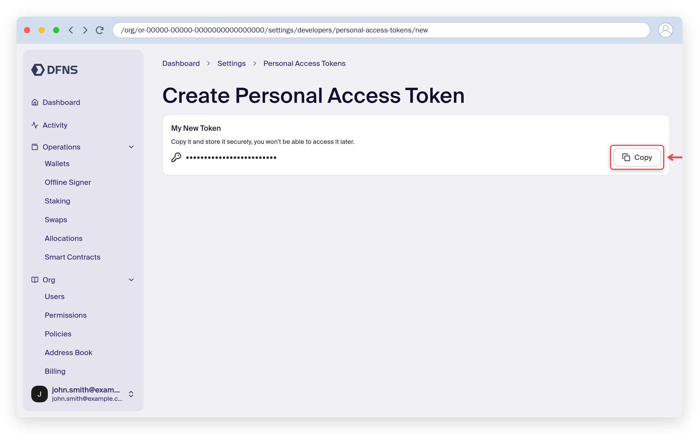 Personal access token creation showing the one-time token with a Copy button