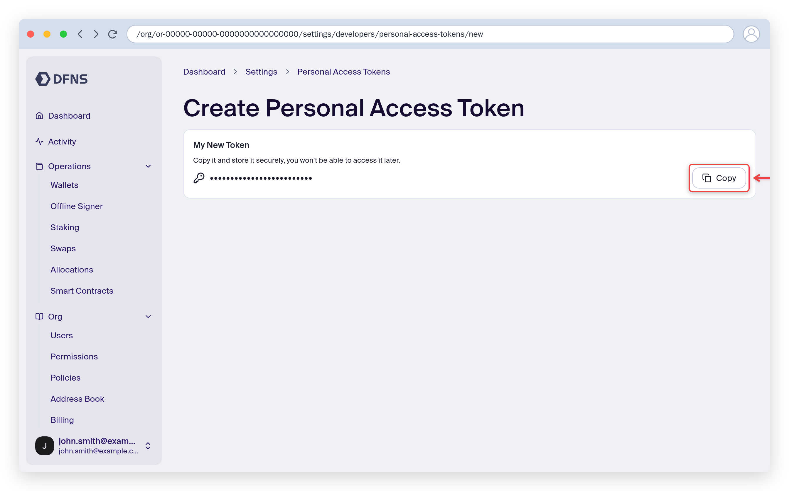 Personal access token creation showing the one-time token with a Copy button