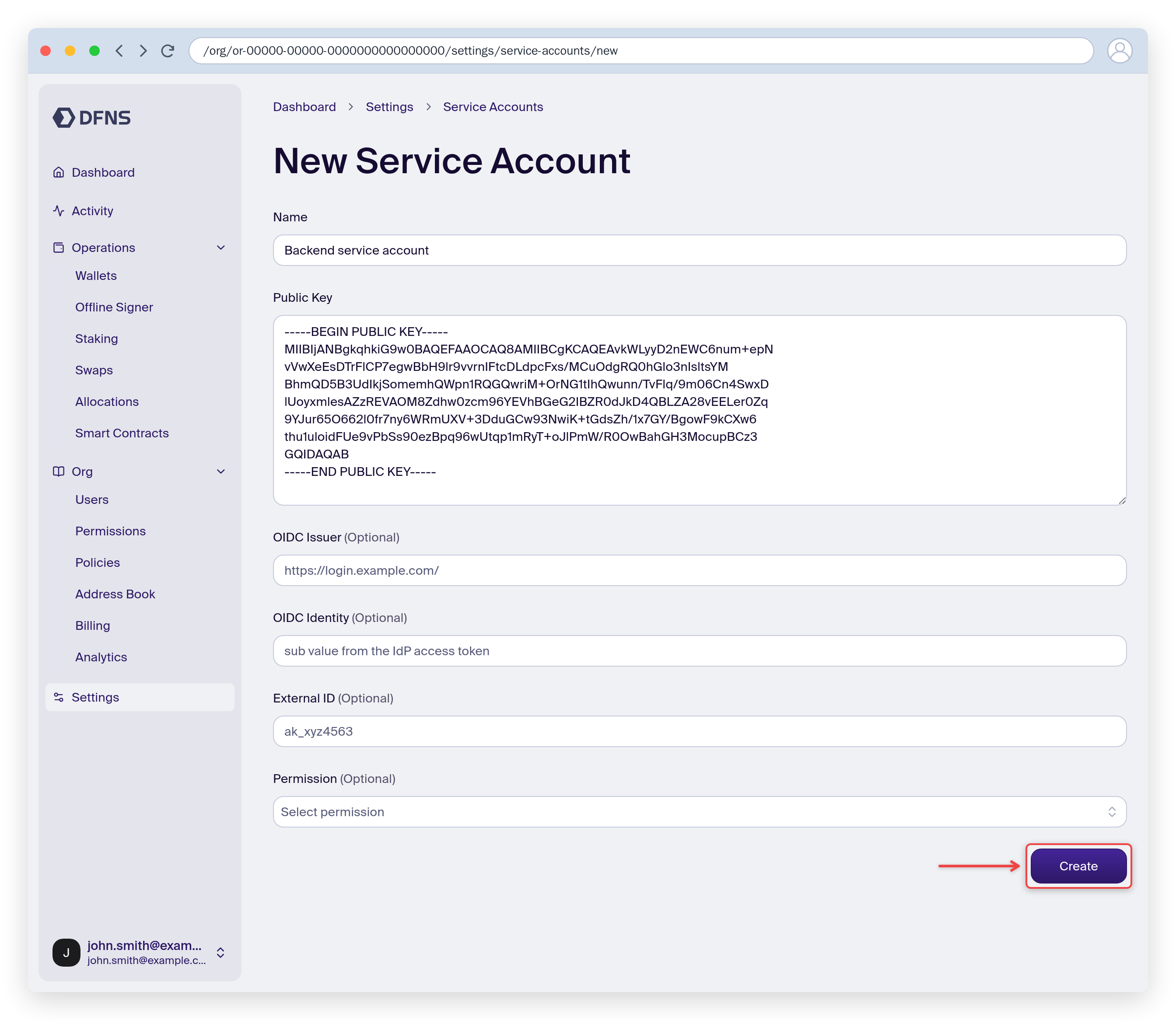 New service account form with a name and public key, Create button highlighted