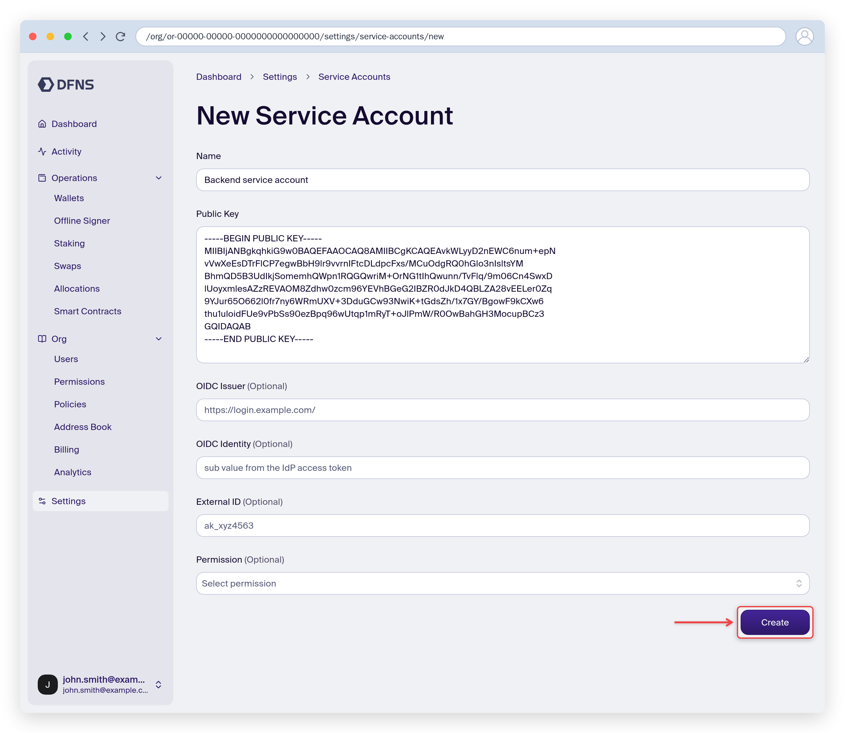 New service account form with a name and public key, Create button highlighted