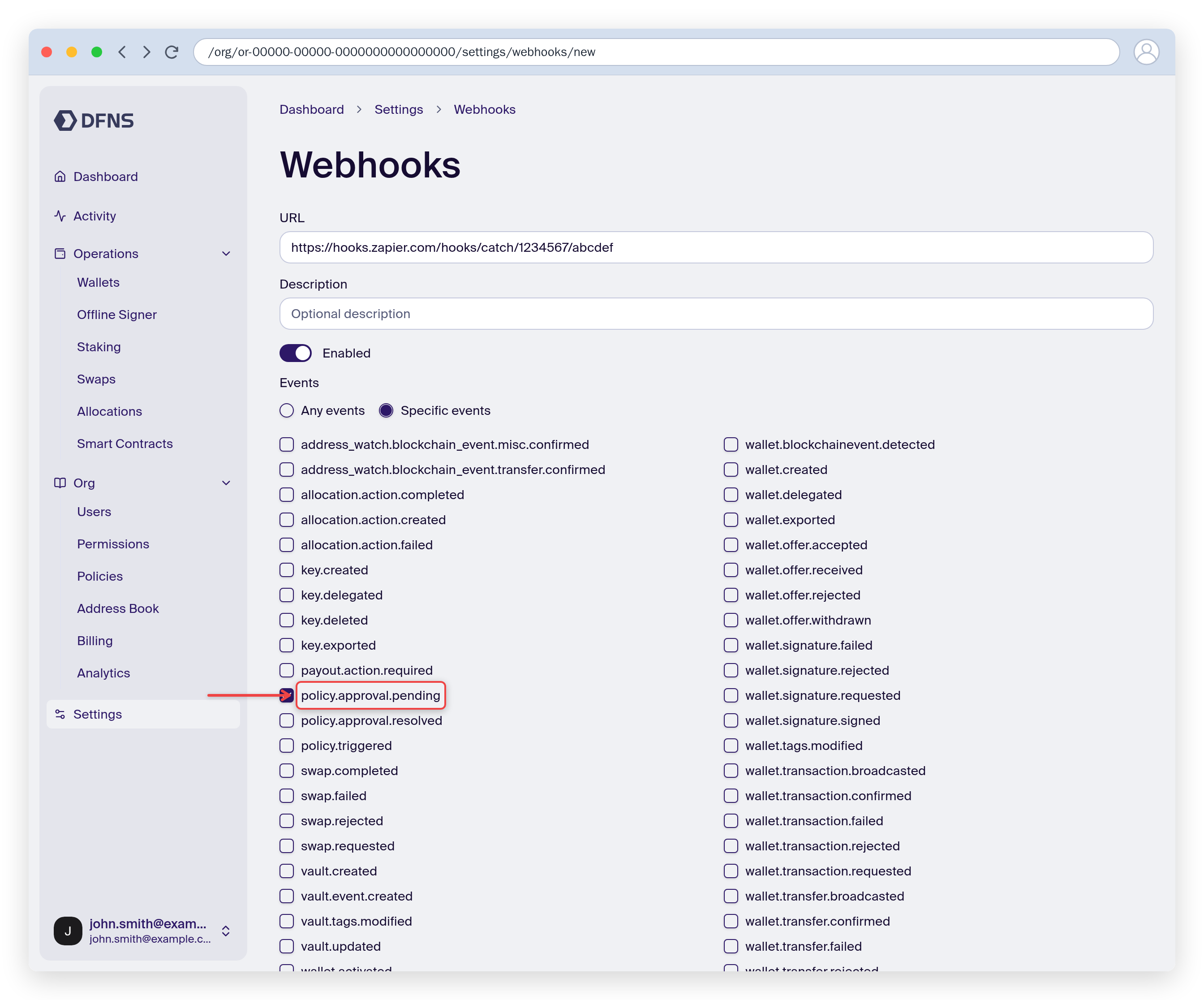 DFNS webhook creation form with Specific Events and policy.approval.pending selected