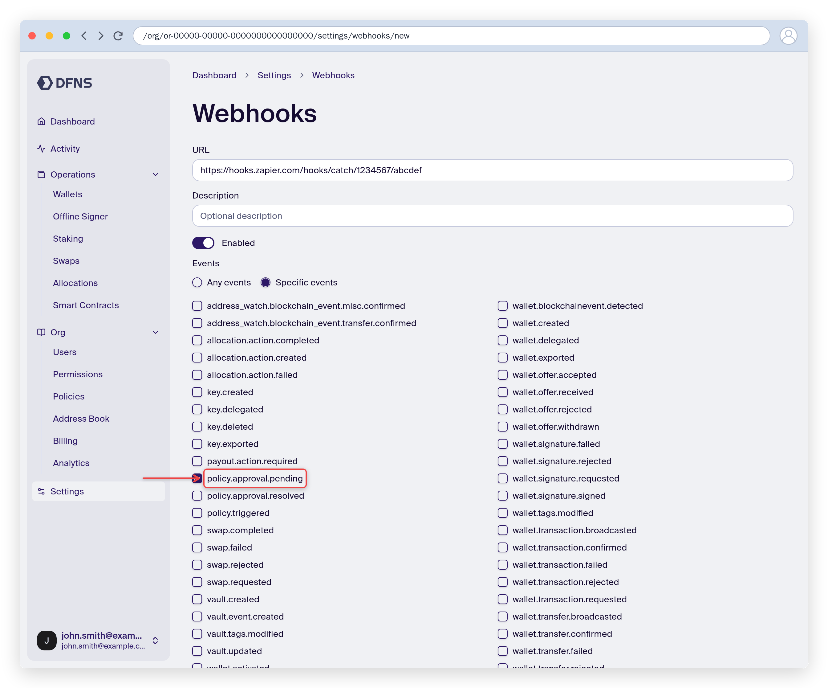 DFNS webhook creation form with Specific Events and policy.approval.pending selected