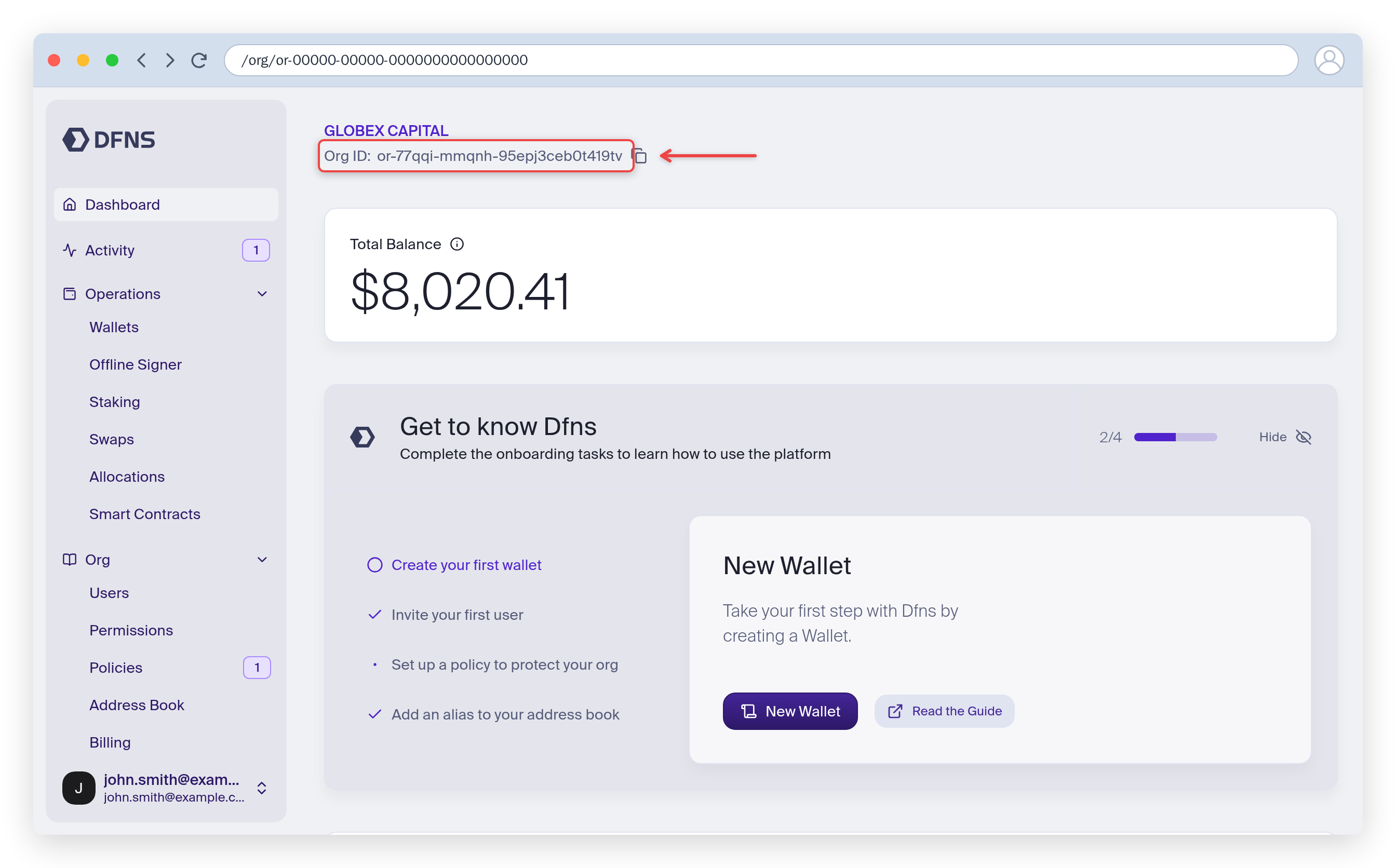Dashboard homepage with the organization ID highlighted under the organization name
