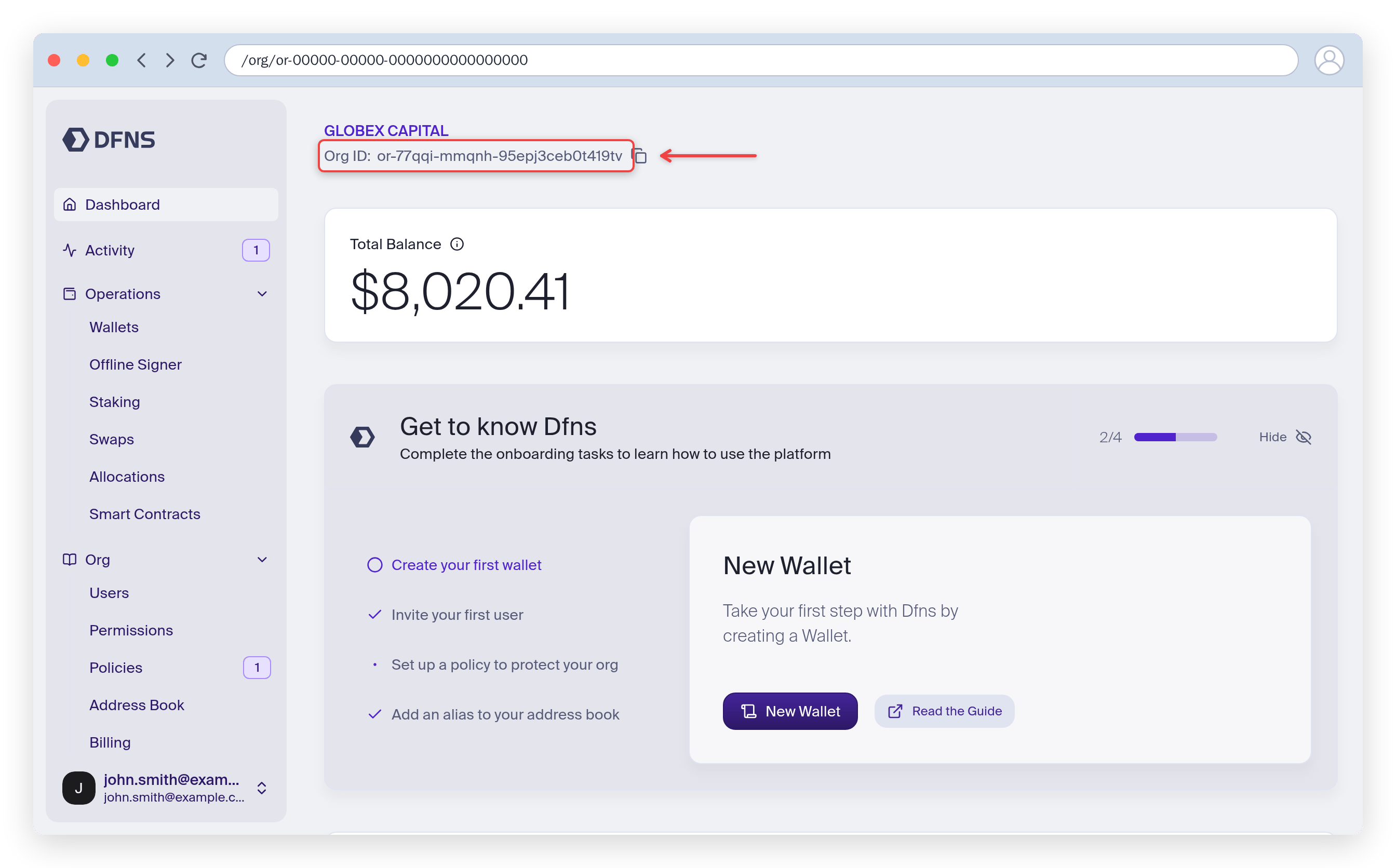 Dashboard homepage with the organization ID highlighted under the organization name