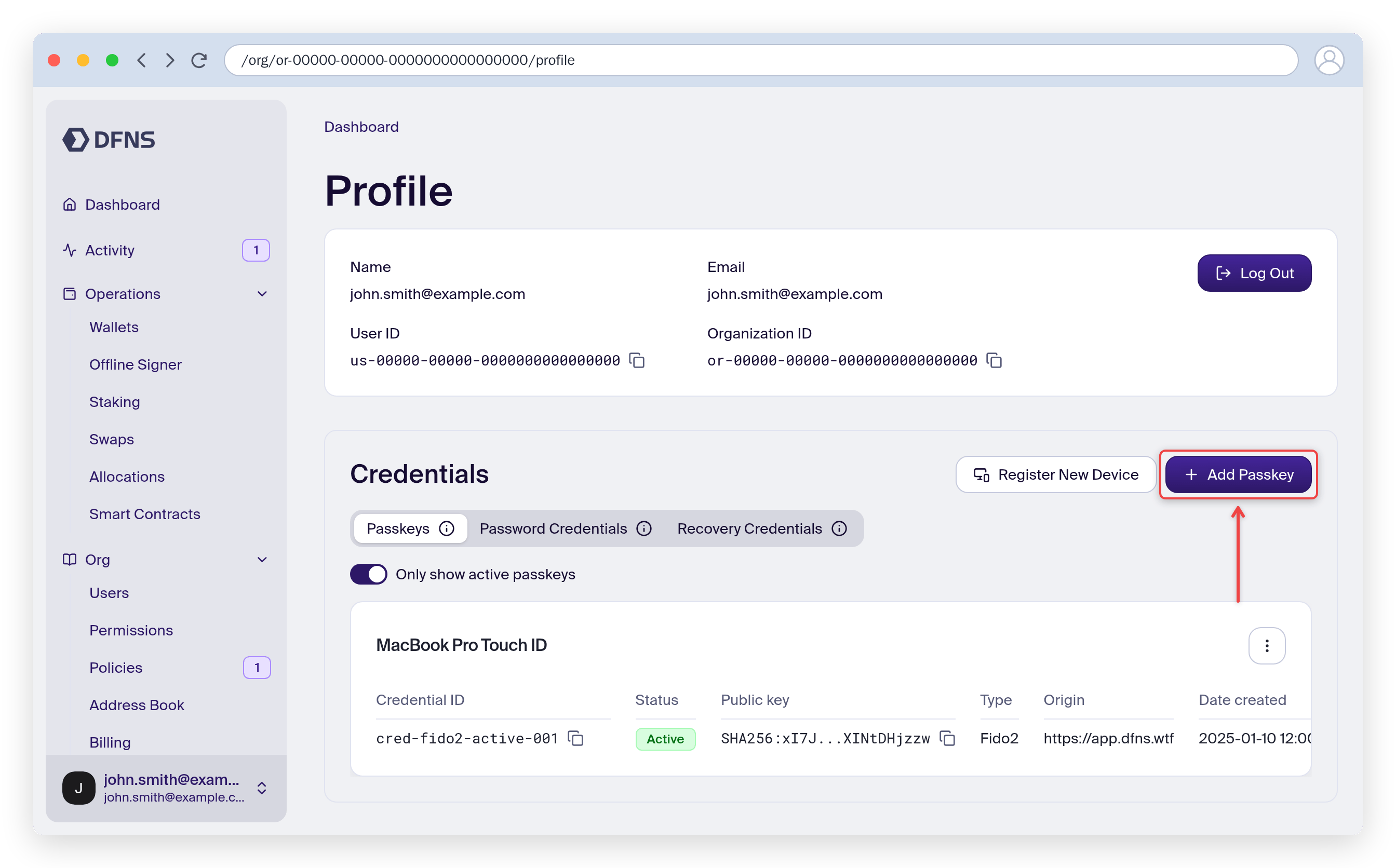 Profile page Passkeys tab listing existing credentials, with the Add passkey button highlighted