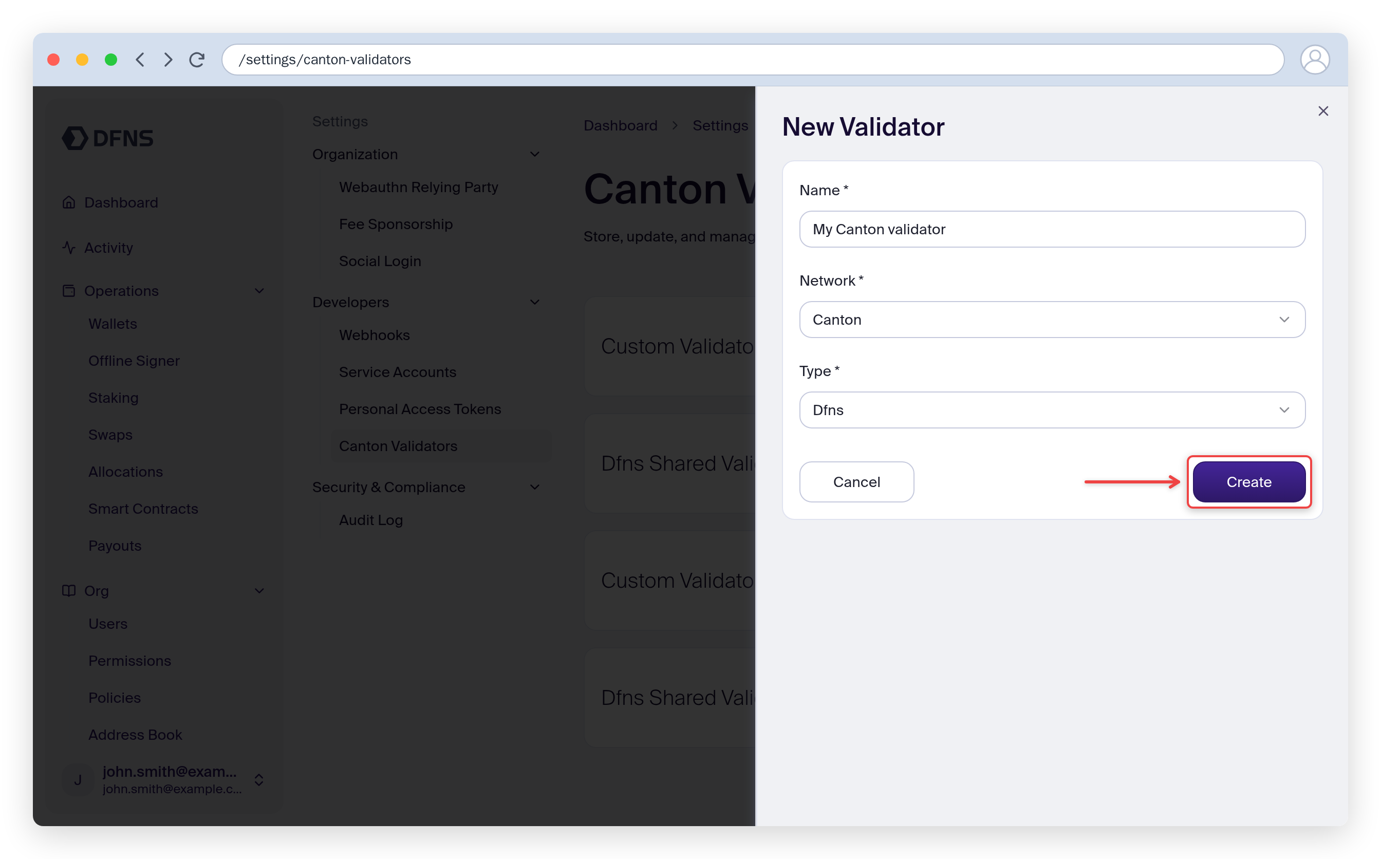 Create Canton Validator form with the DFNS (shared) type selected