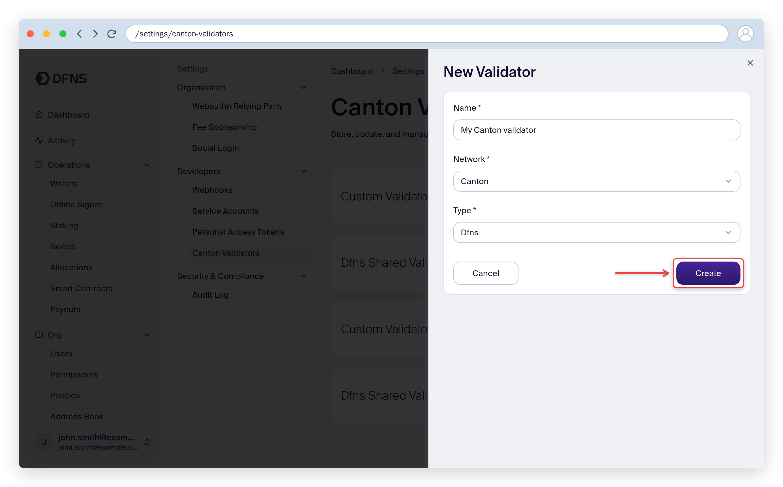 Create Canton Validator form with the DFNS (shared) type selected