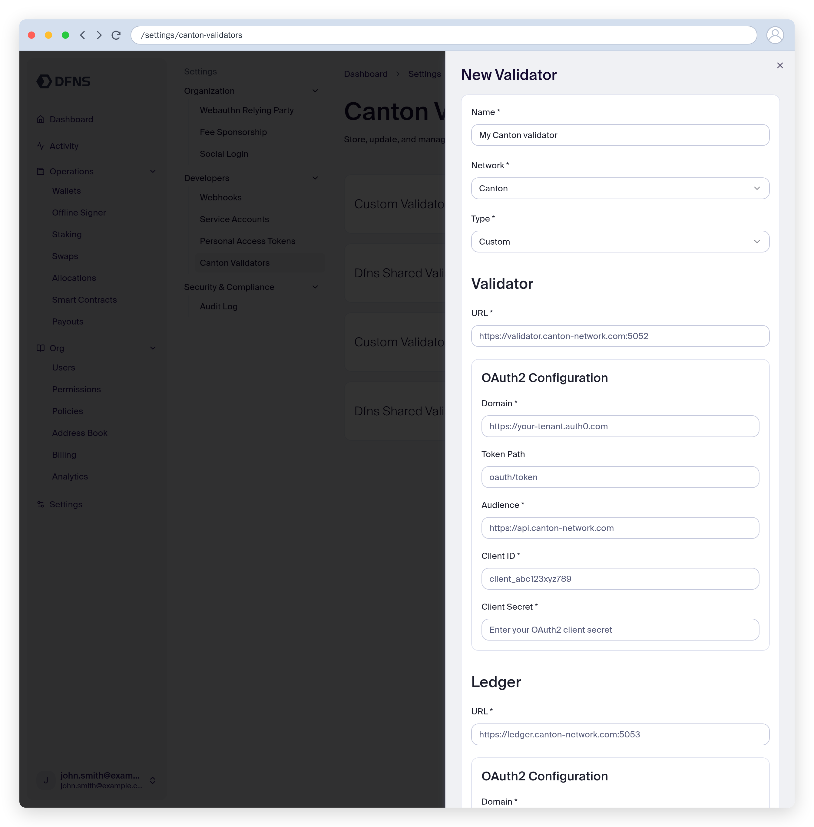 Create Canton Validator form with the Custom type, showing the validator URL and OAuth fields