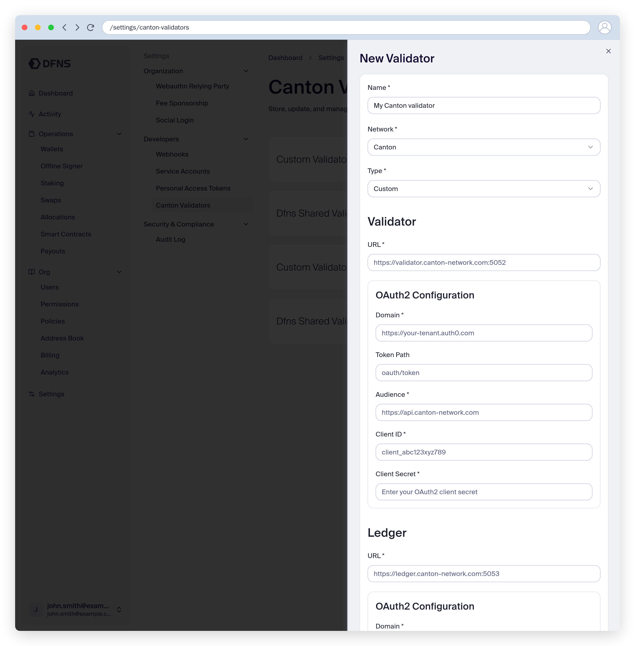 Create Canton Validator form with the Custom type, showing the validator URL and OAuth fields