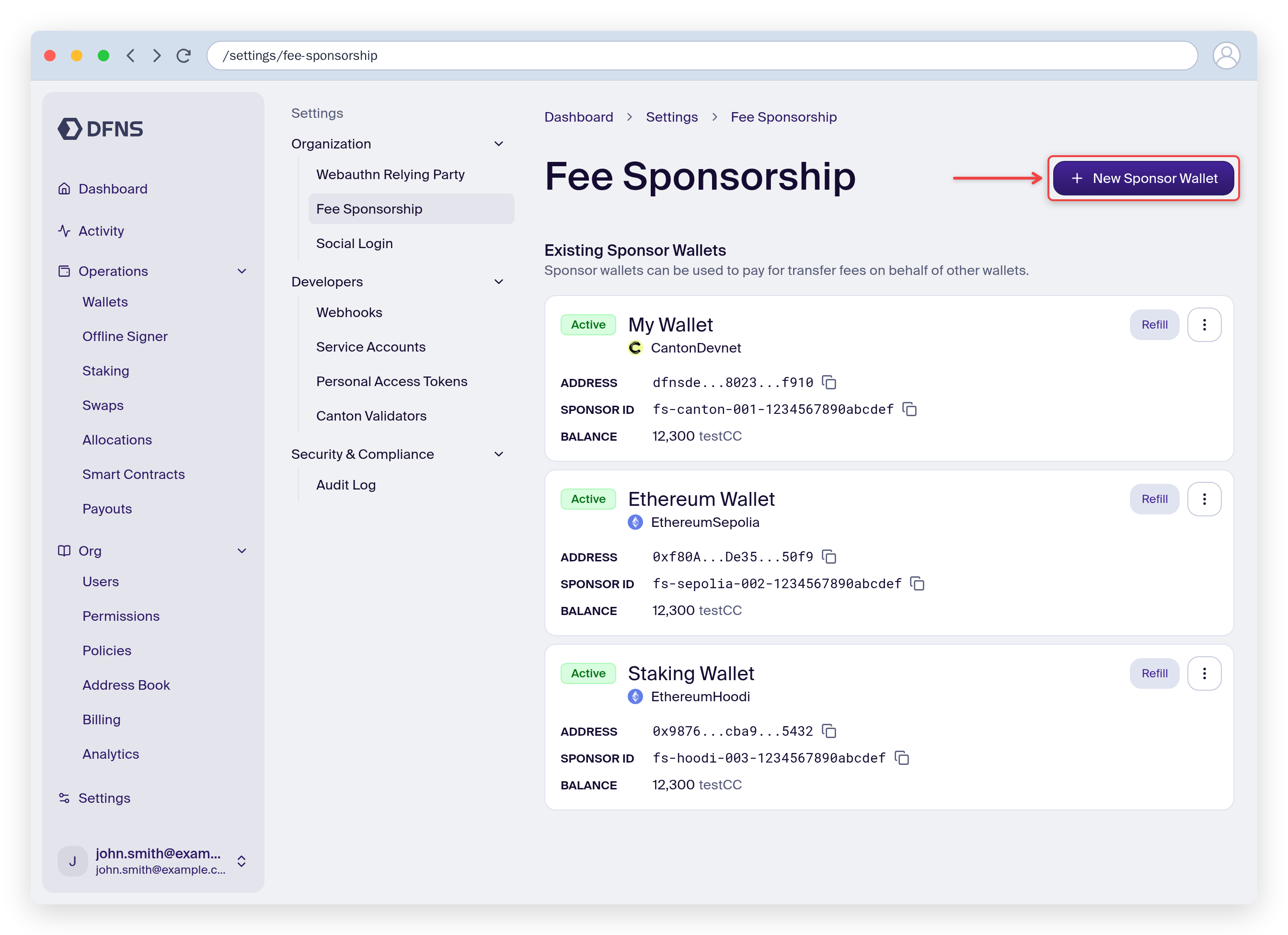 Fee sponsor wallets list with the New Sponsor Wallet button highlighted
