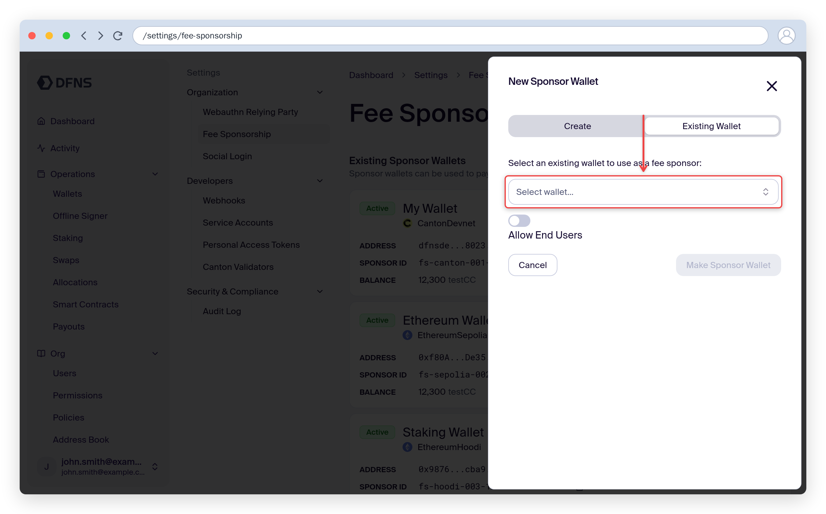 New sponsor wallet panel with the existing-wallet selector