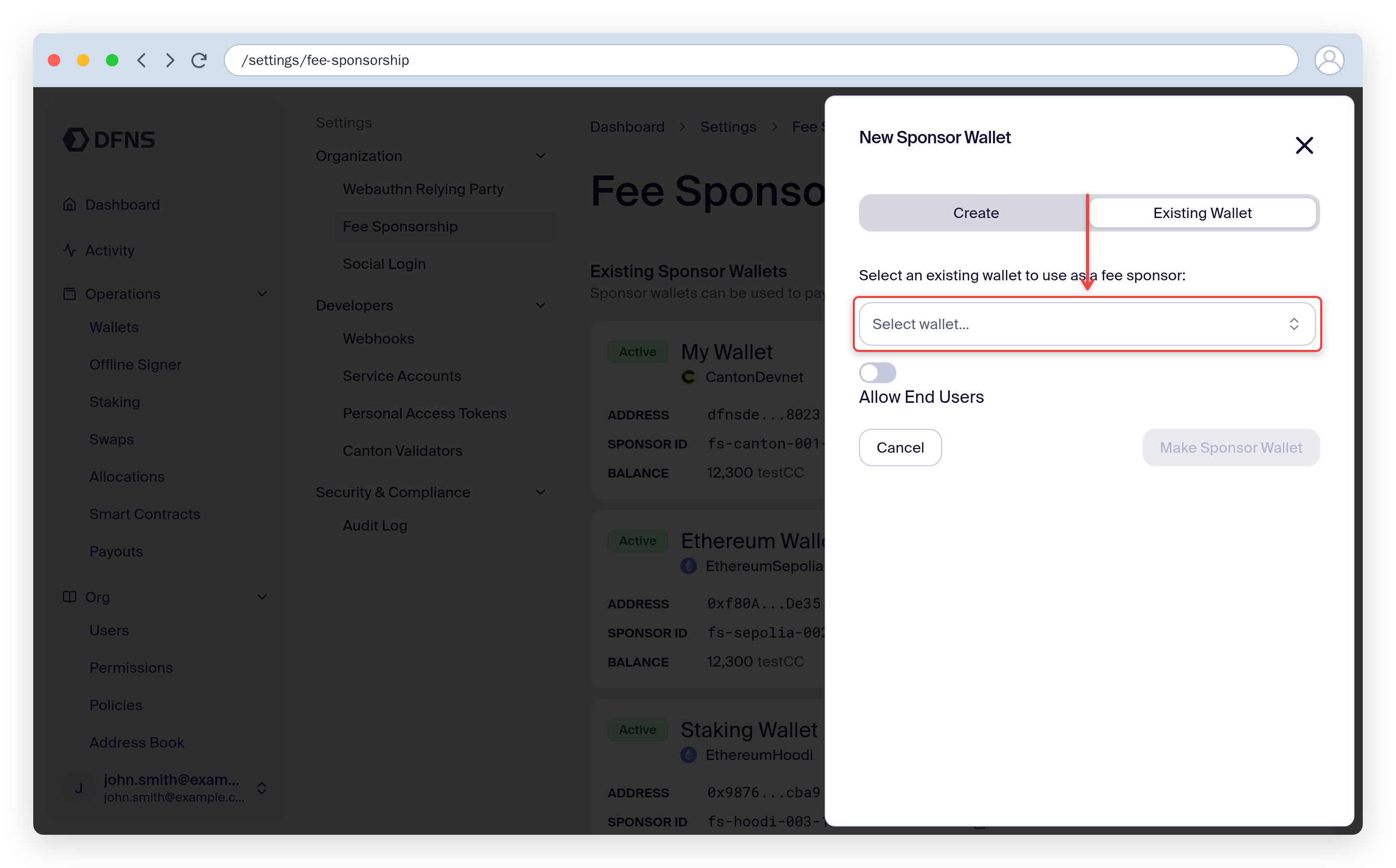 New sponsor wallet panel with the existing-wallet selector