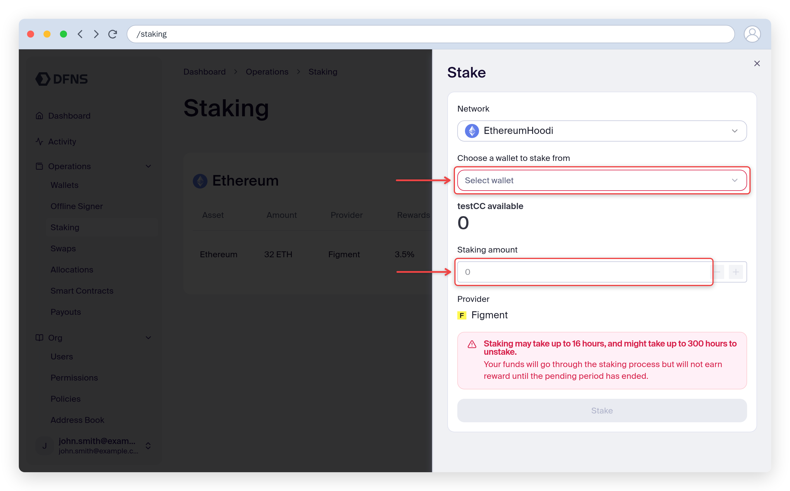 Create-stake form with the network, wallet, and amount fields
