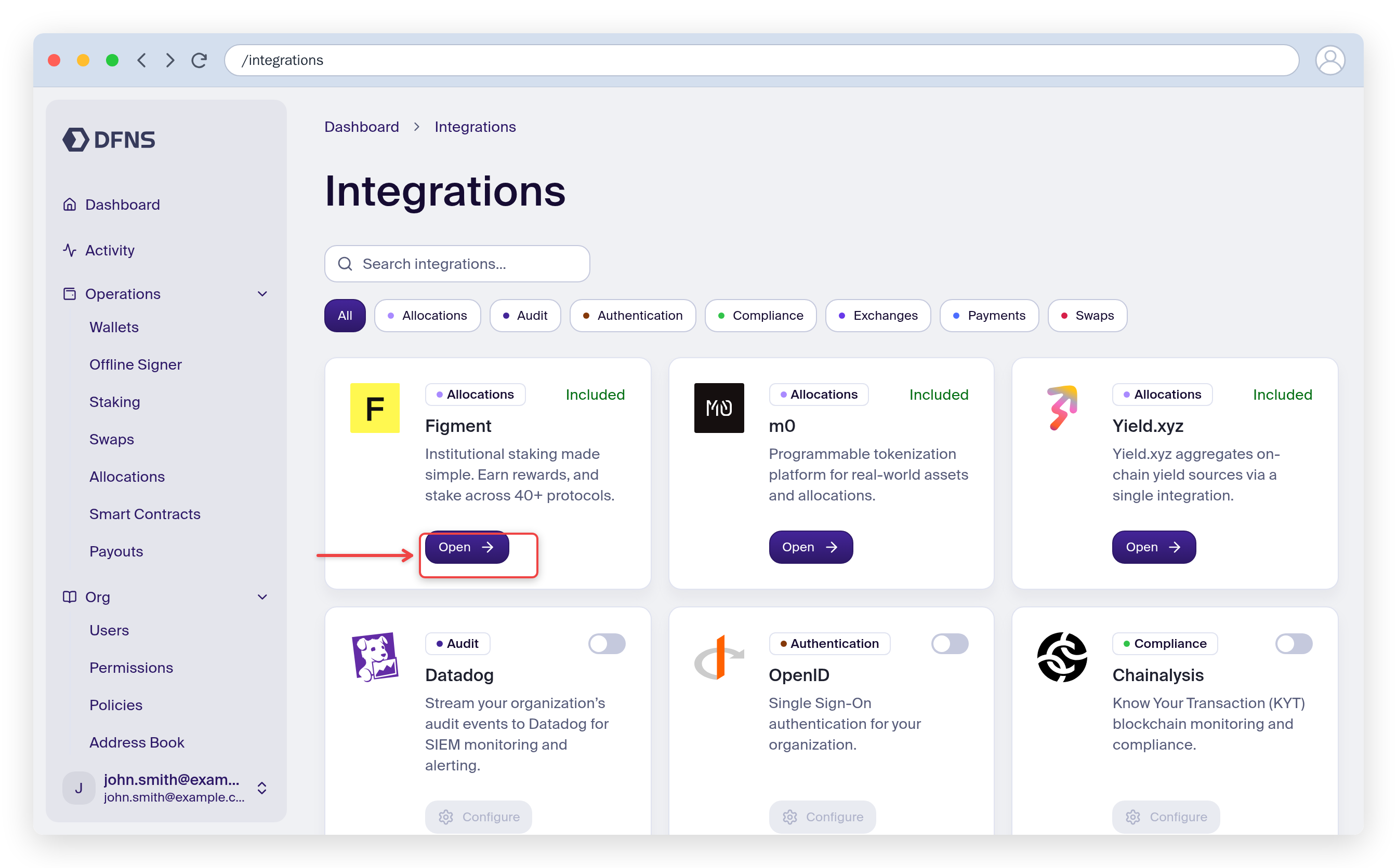 Integrations page with the Configure button on an exchange card highlighted