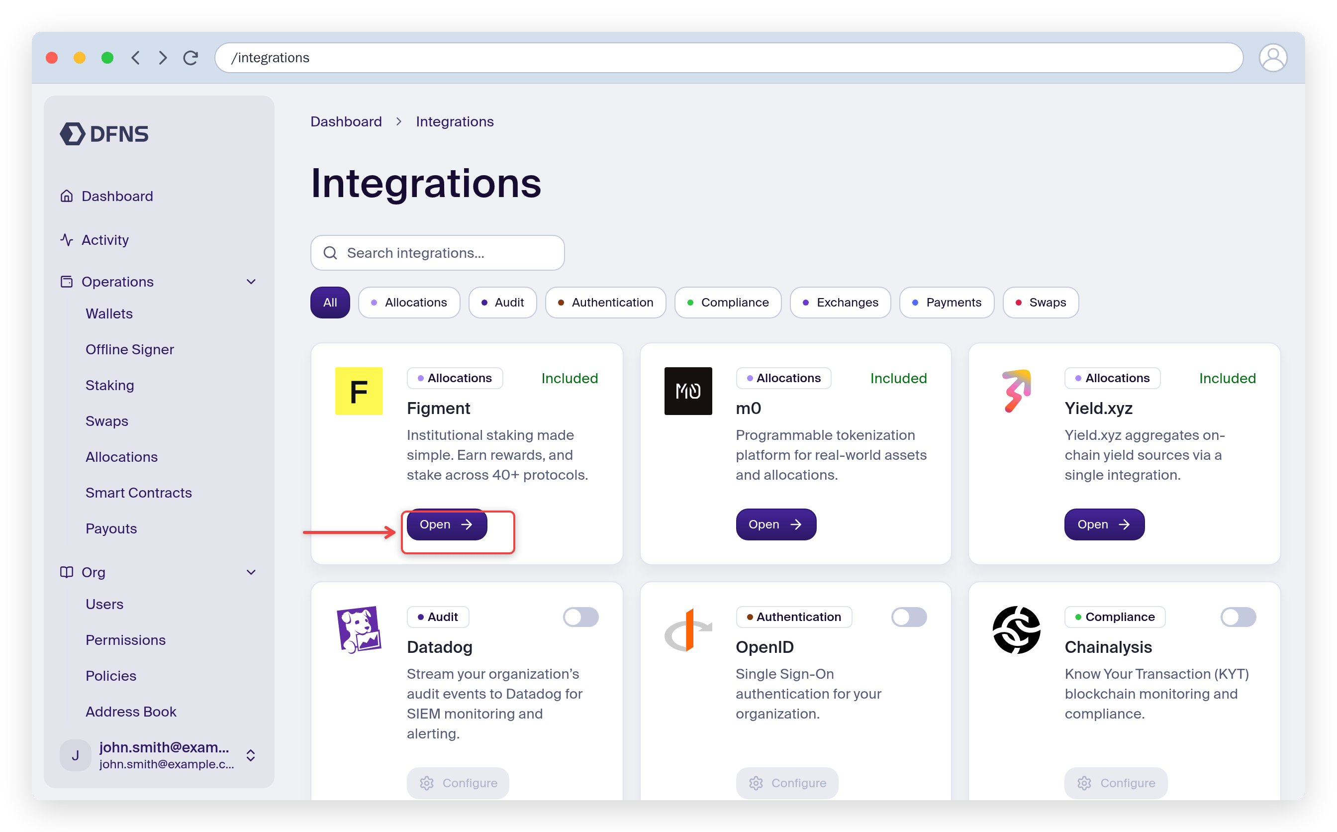 Integrations page with the Configure button on an exchange card highlighted