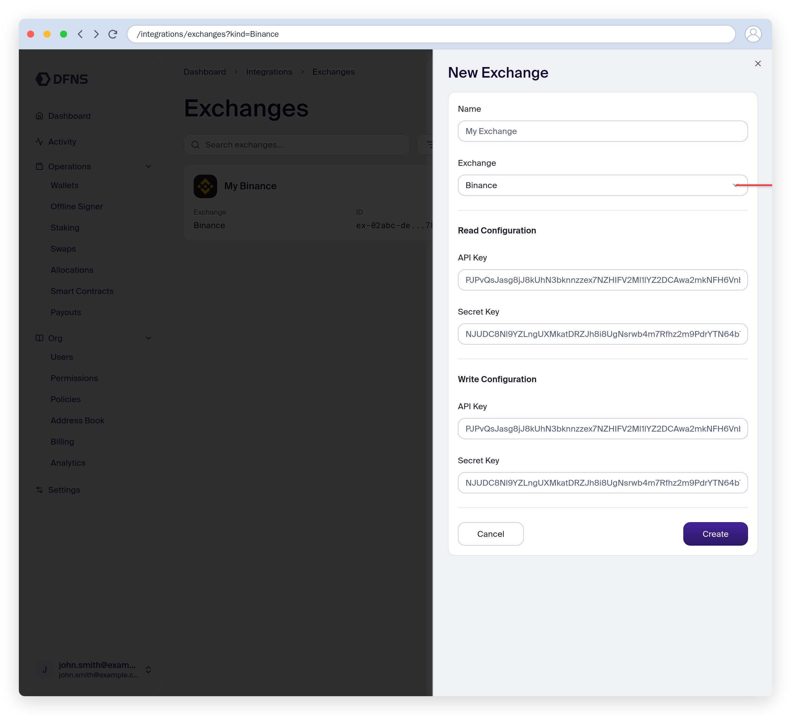 New Exchange form with the exchange selector and Create button highlighted