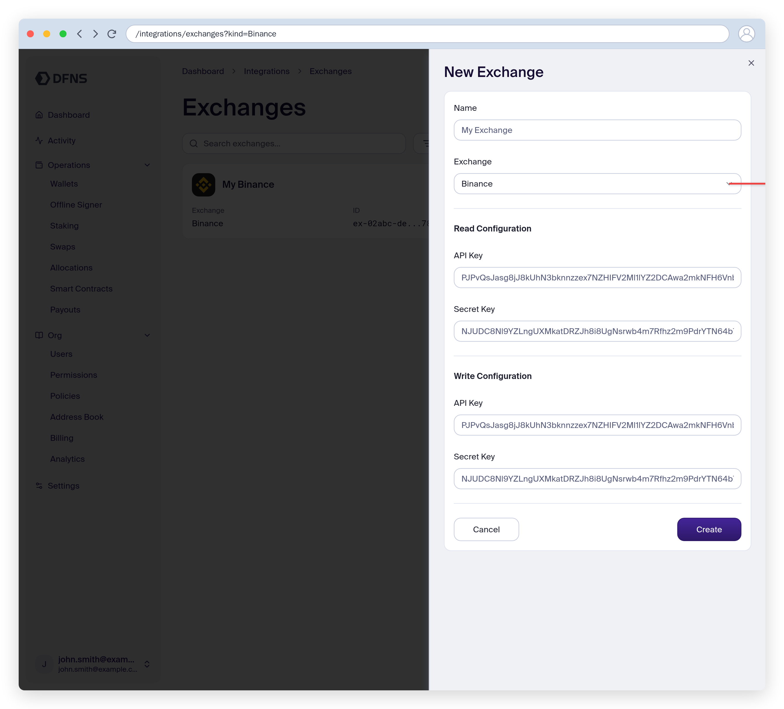 New Exchange form with the exchange selector and Create button highlighted