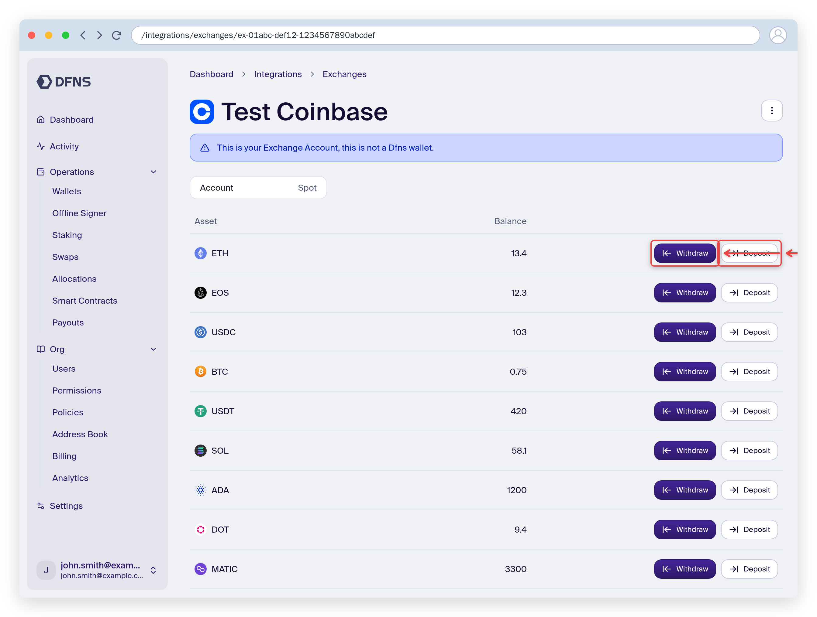 Connected exchange account showing per-asset Deposit and Withdraw buttons