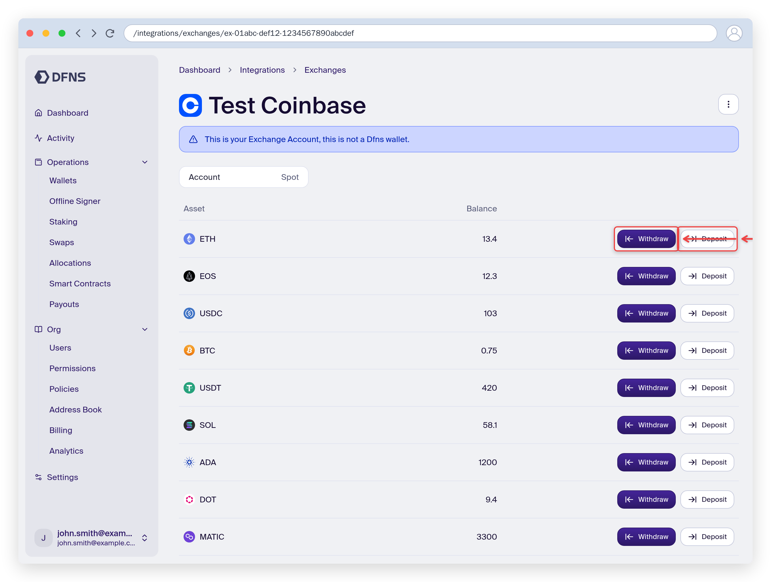 Connected exchange account showing per-asset Deposit and Withdraw buttons
