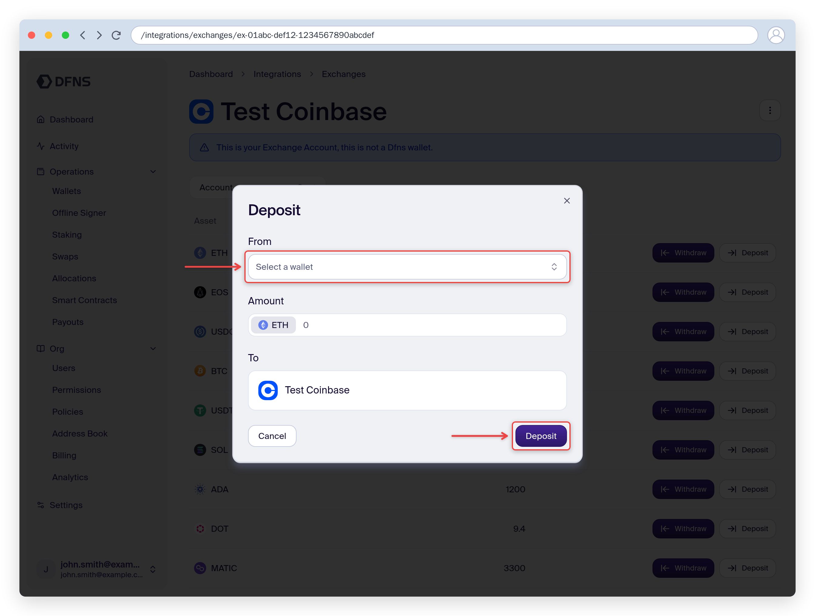 Deposit dialog selecting the source DFNS wallet and amount