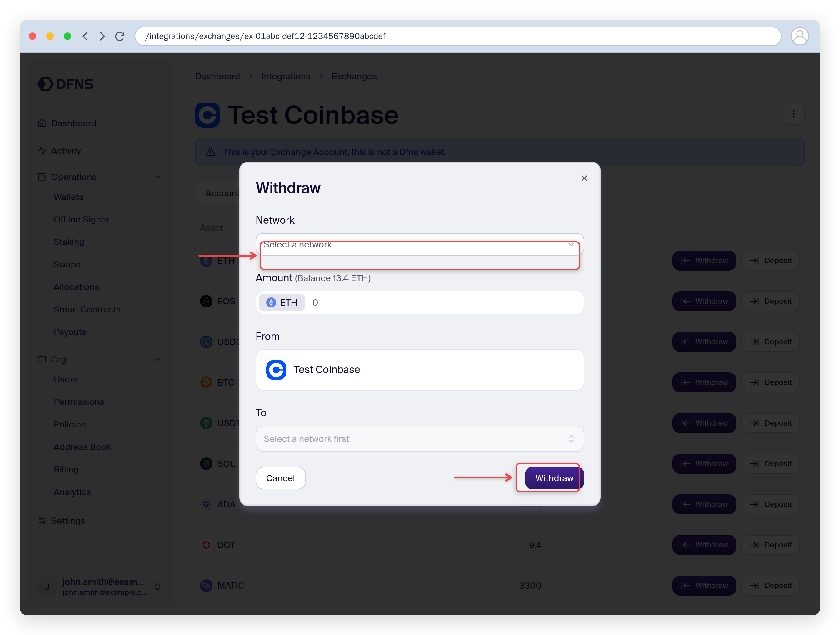 Withdraw dialog selecting the network and destination wallet