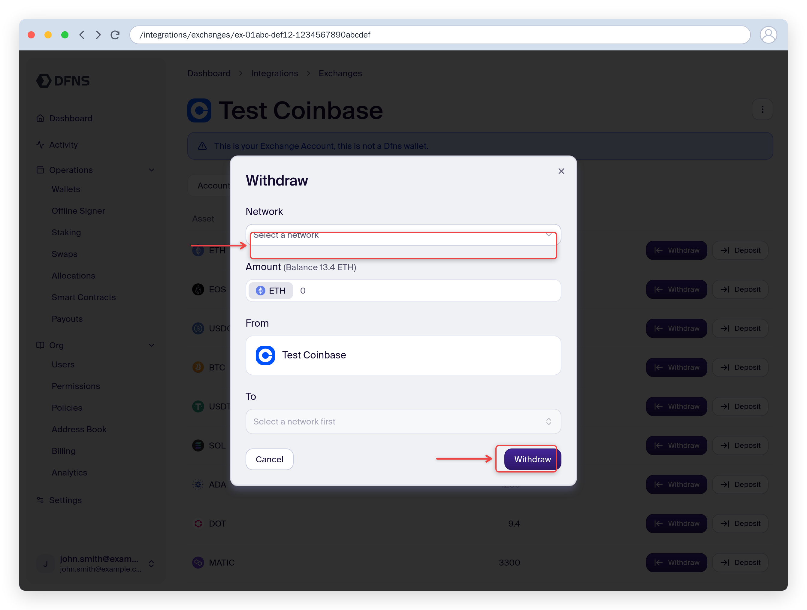 Withdraw dialog selecting the network and destination wallet
