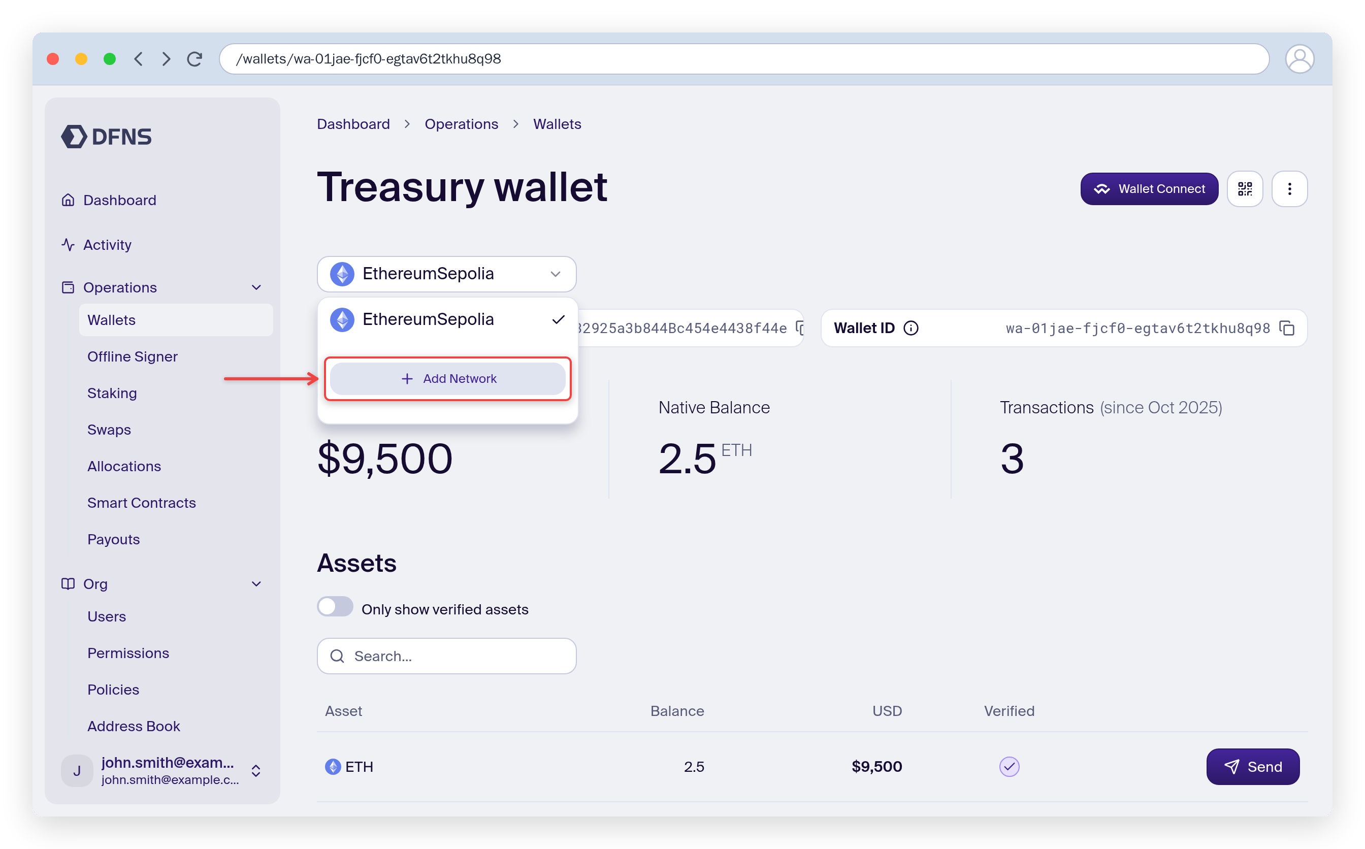 Wallet network selector with the Add Network option