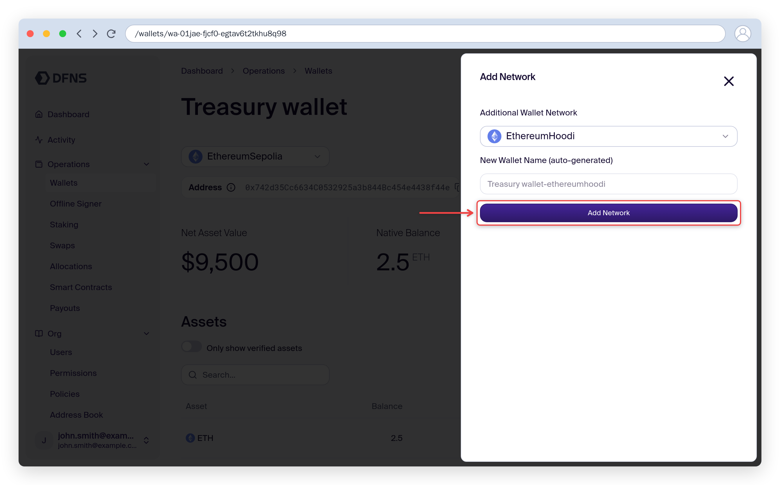 Add Network to Wallet slideout with a target network selected and Add Network highlighted