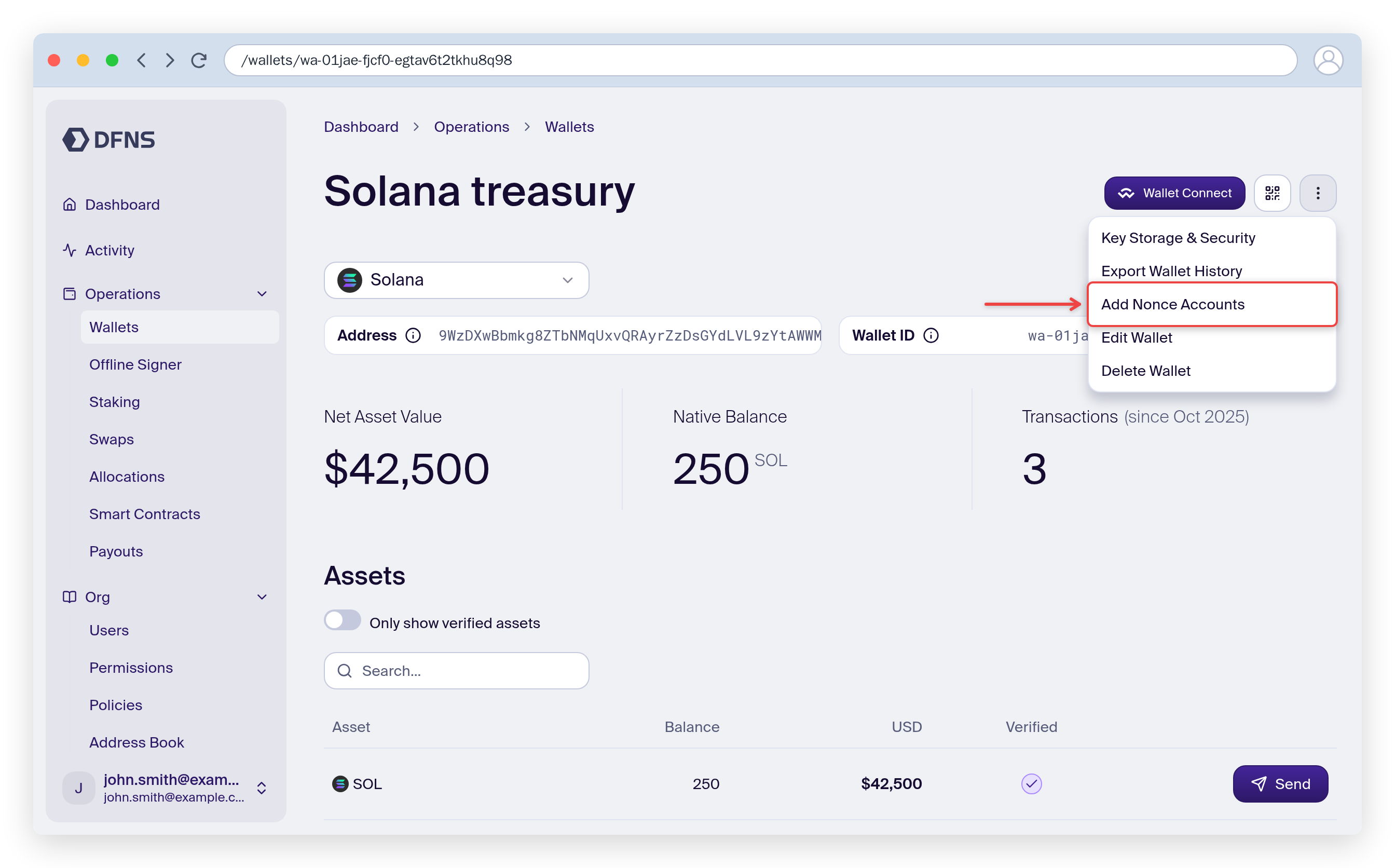 Solana wallet page with the action menu open and Add Nonce Accounts highlighted