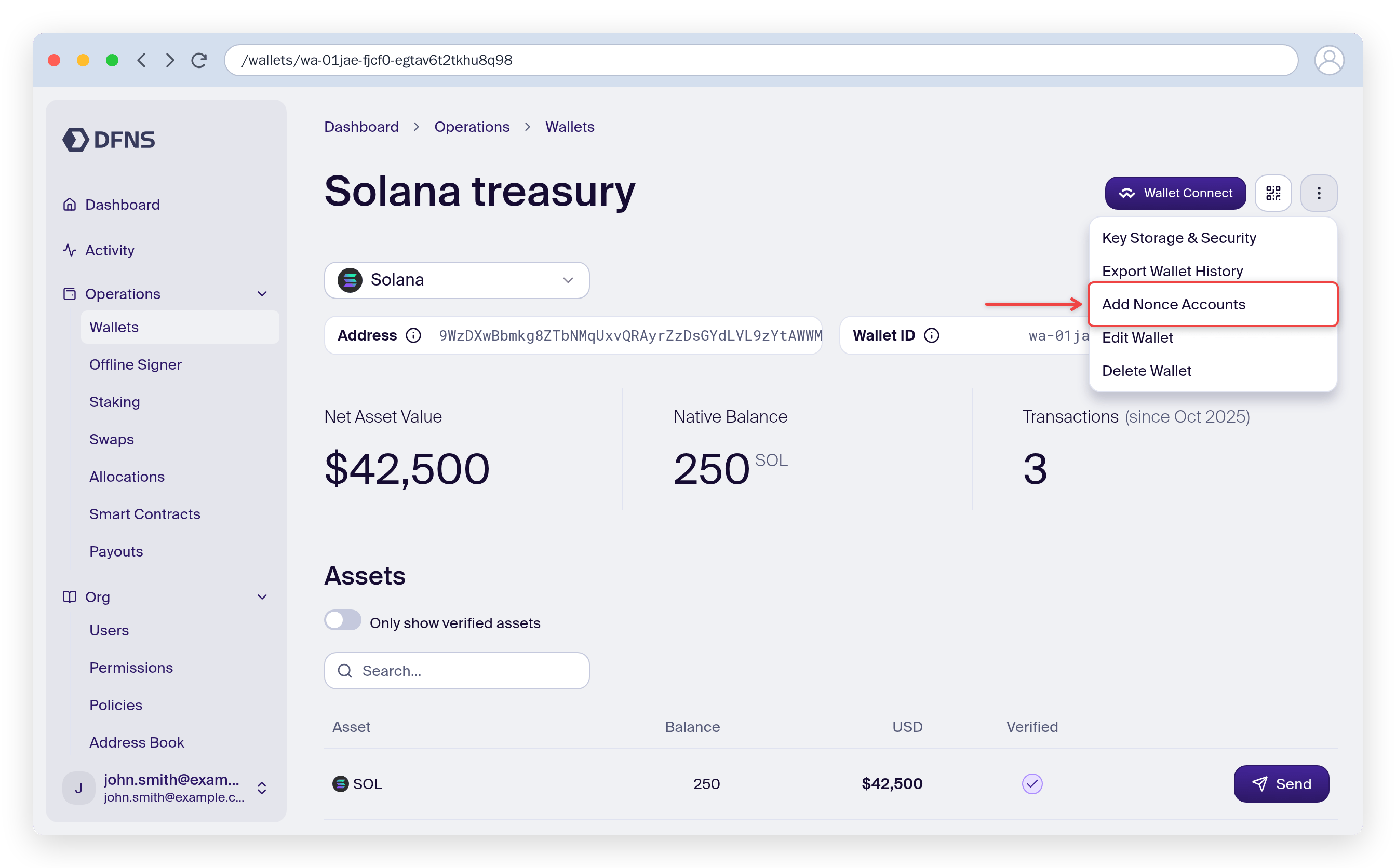 Solana wallet page with the action menu open and Add Nonce Accounts highlighted