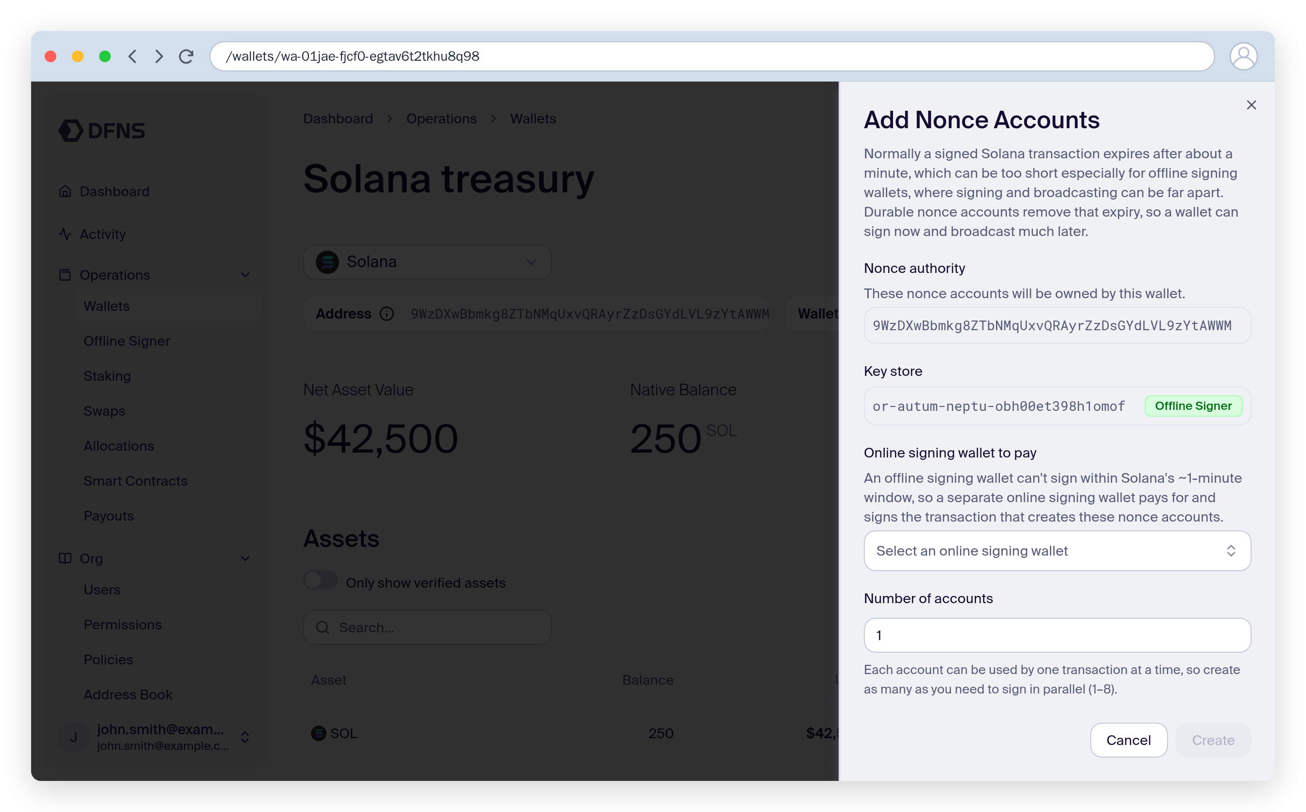 Add Nonce Accounts sheet for an offline signing wallet, with the online paying wallet selector