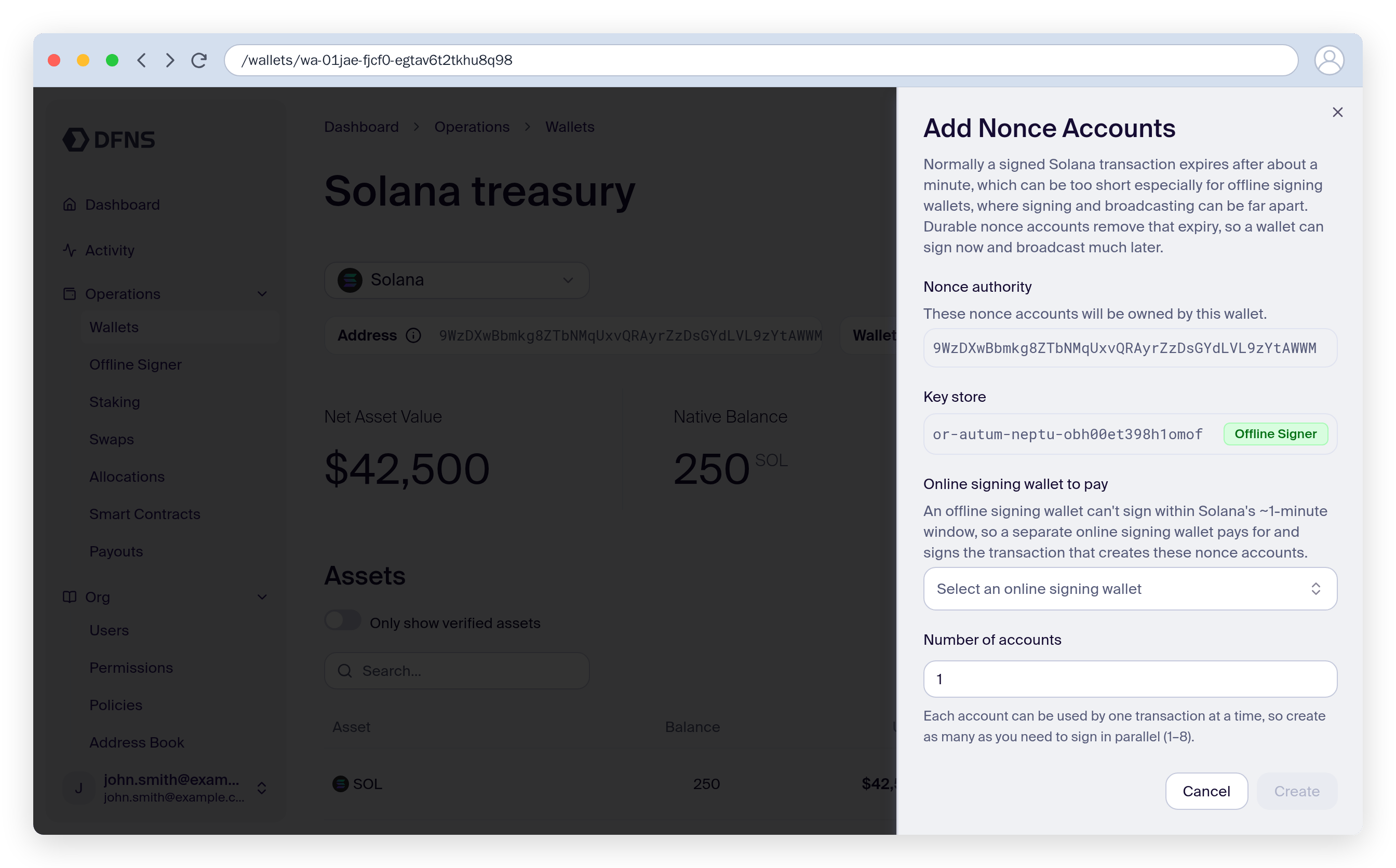 Add Nonce Accounts sheet for an offline signing wallet, with the online paying wallet selector