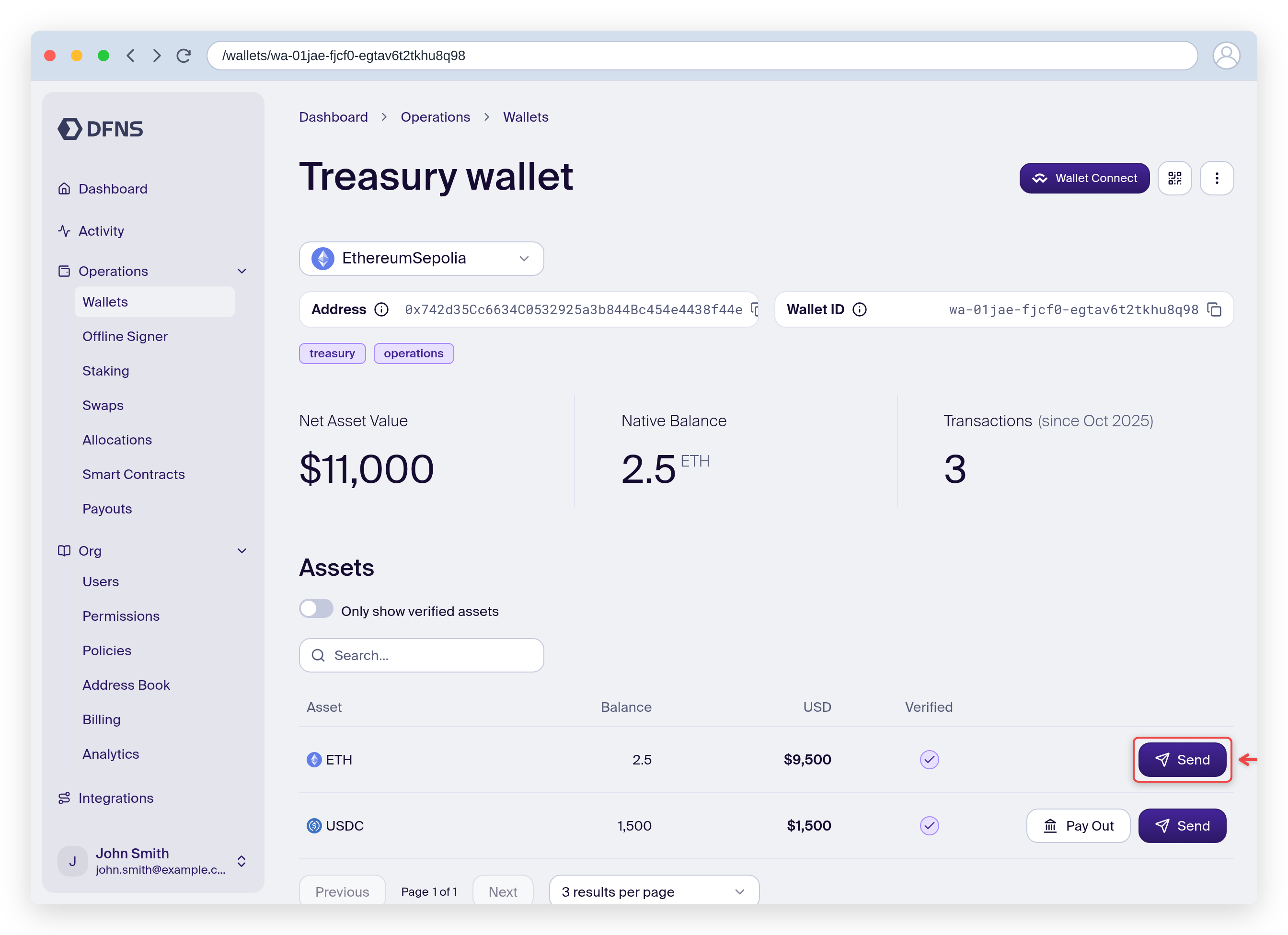 Wallet detail page with the asset Send button highlighted