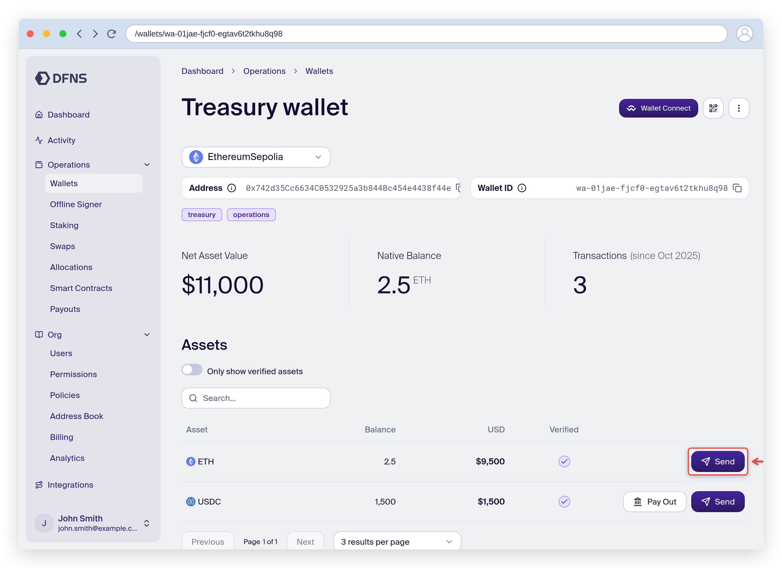 Wallet detail page with the asset Send button highlighted