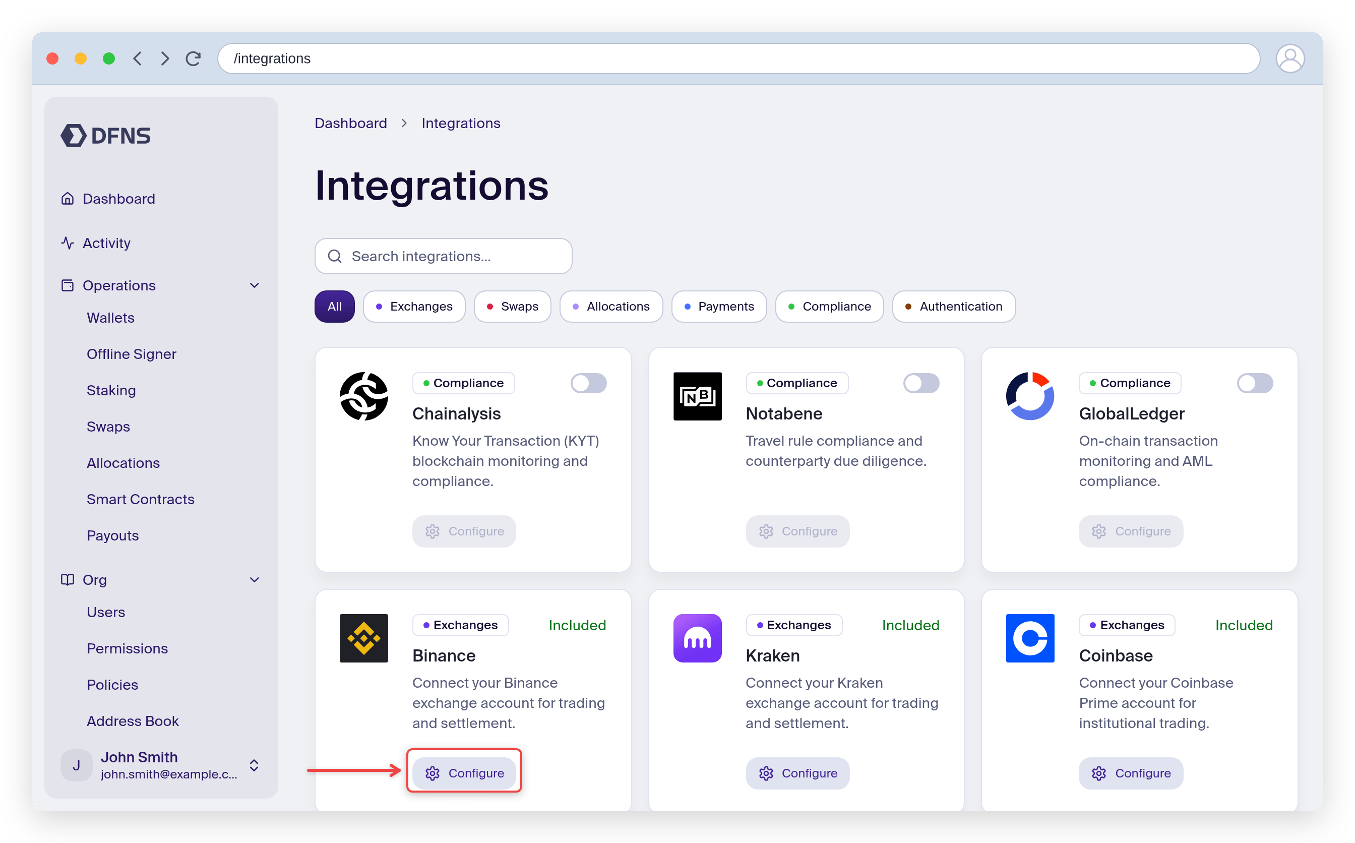 Integrations page with the Configure button on an exchange card highlighted