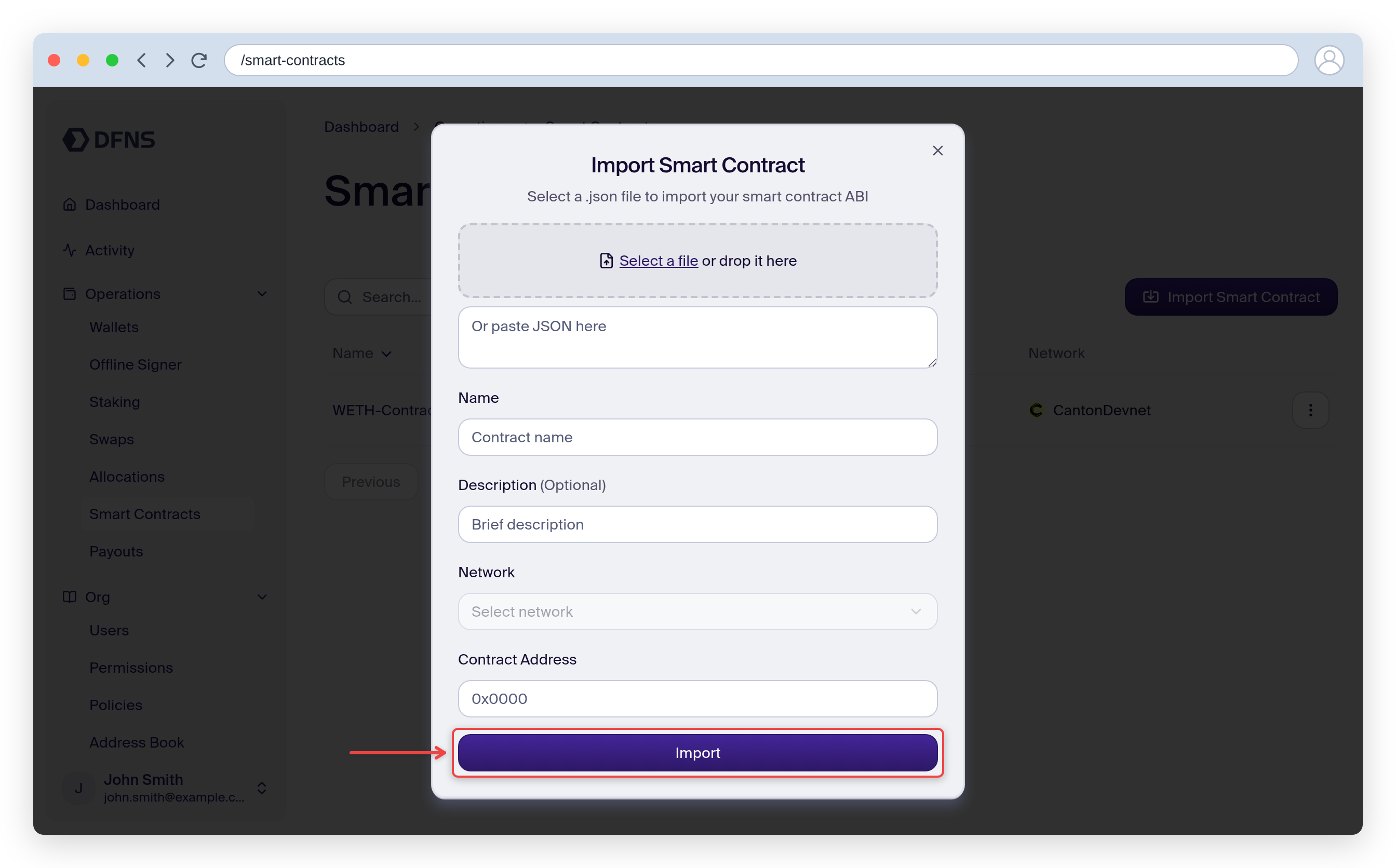 Import Smart Contract form with ABI, name, network and address fields