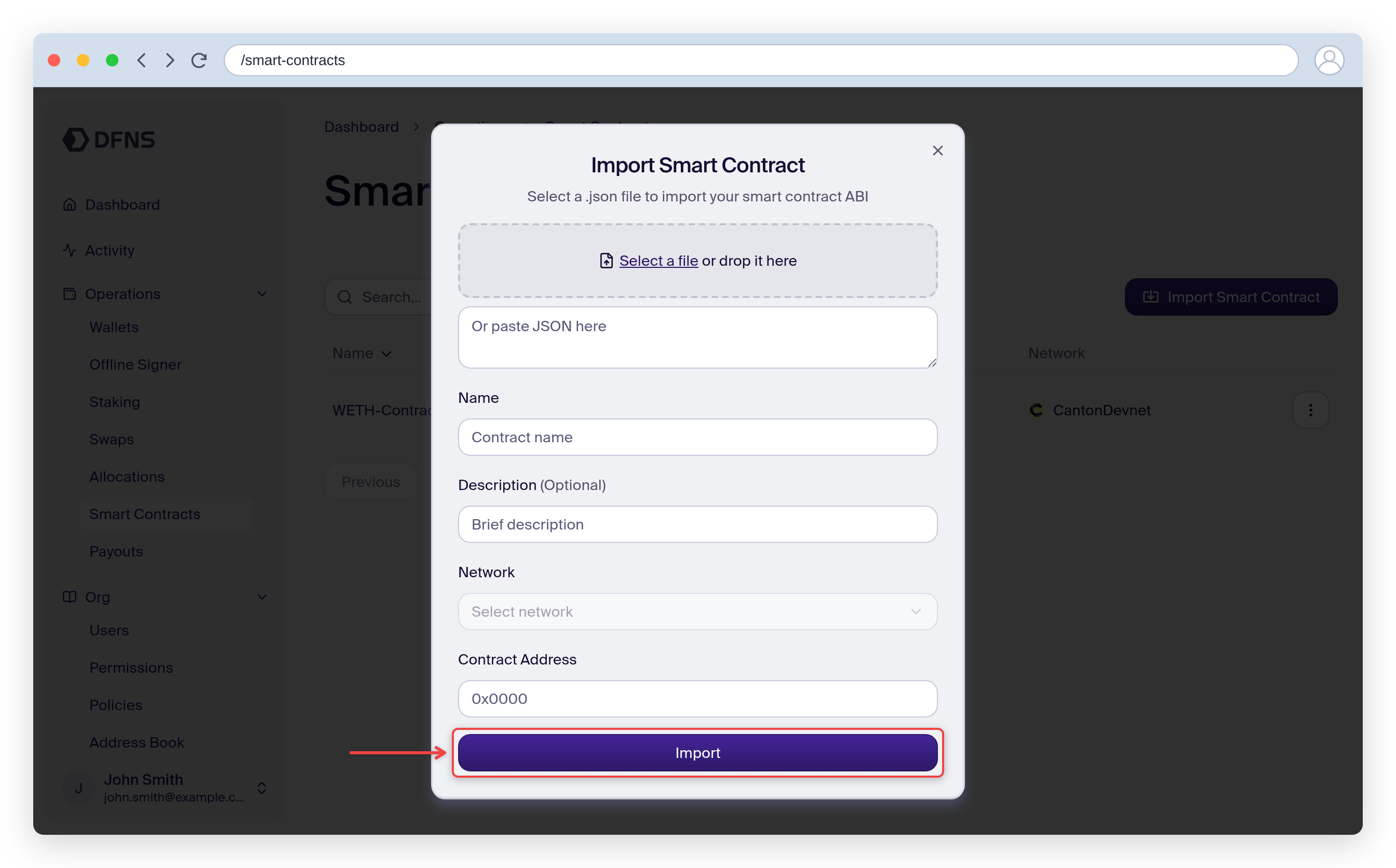 Import Smart Contract form with ABI, name, network and address fields