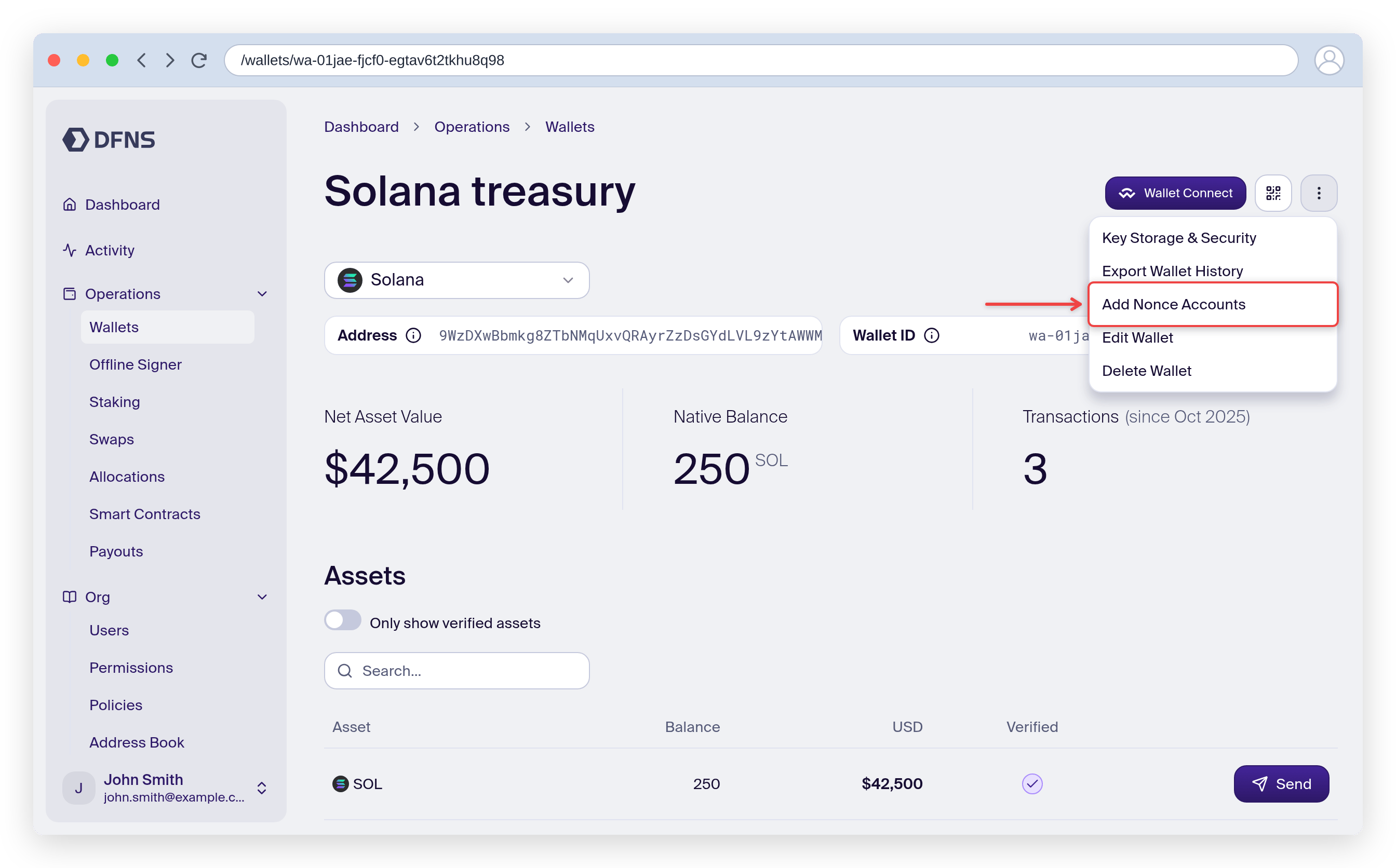 Solana wallet page with the action menu open and Add Nonce Accounts highlighted