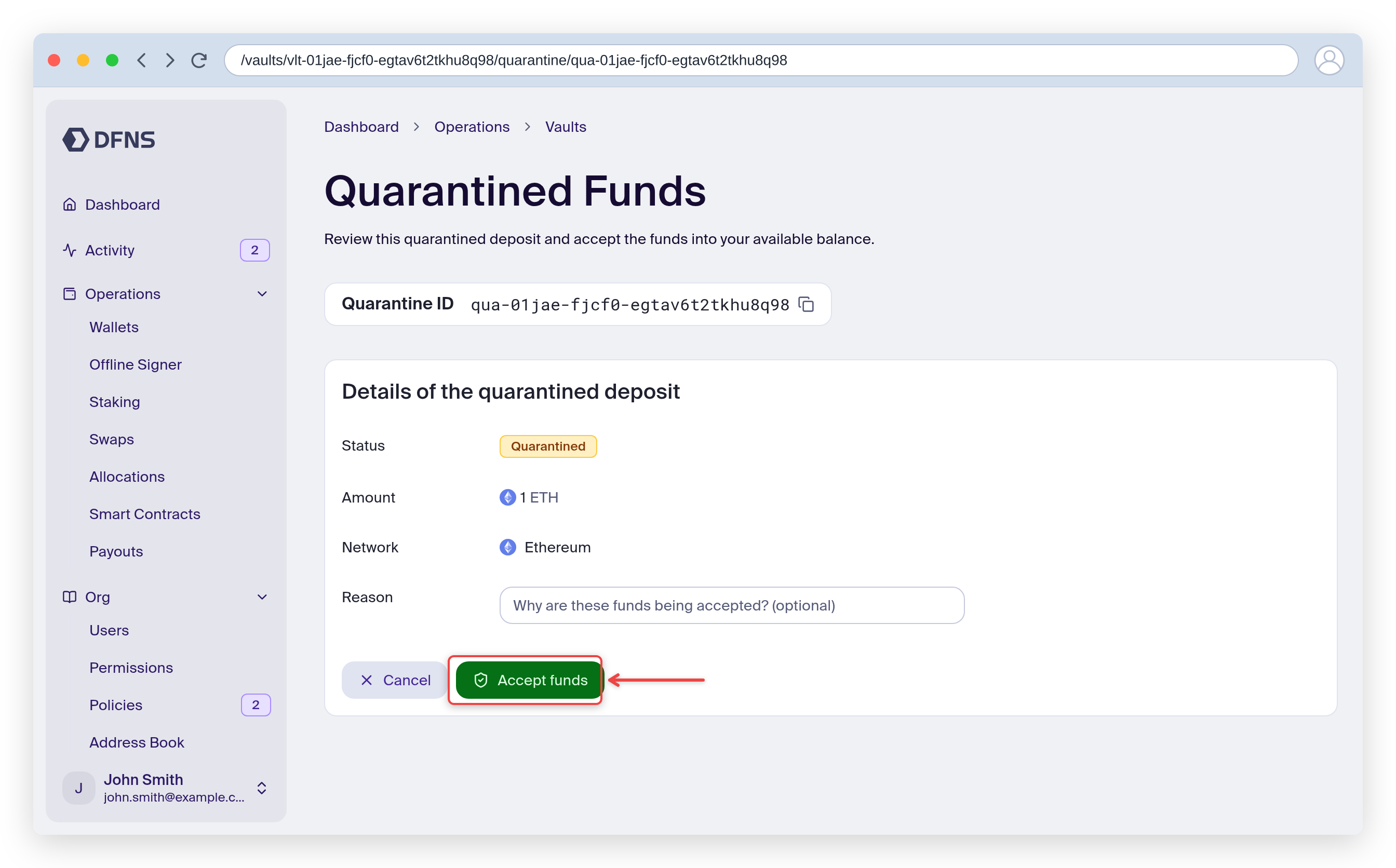 Quarantined funds detail page with the Accept funds button highlighted