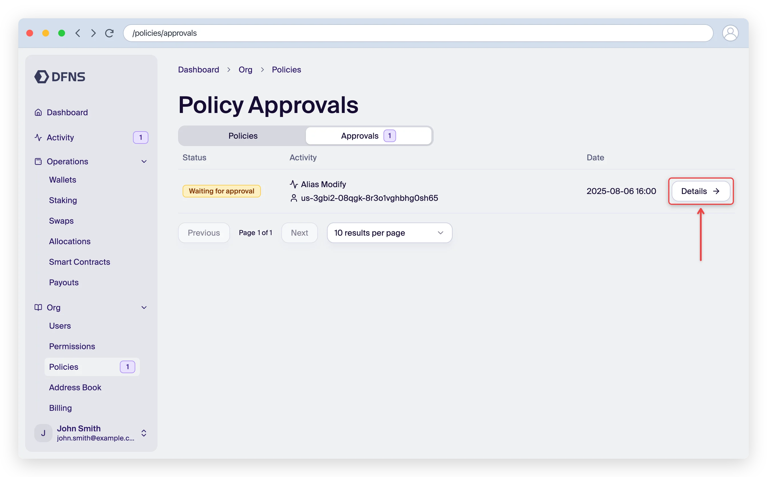 Policy Approvals list with a pending request and the Details link highlighted