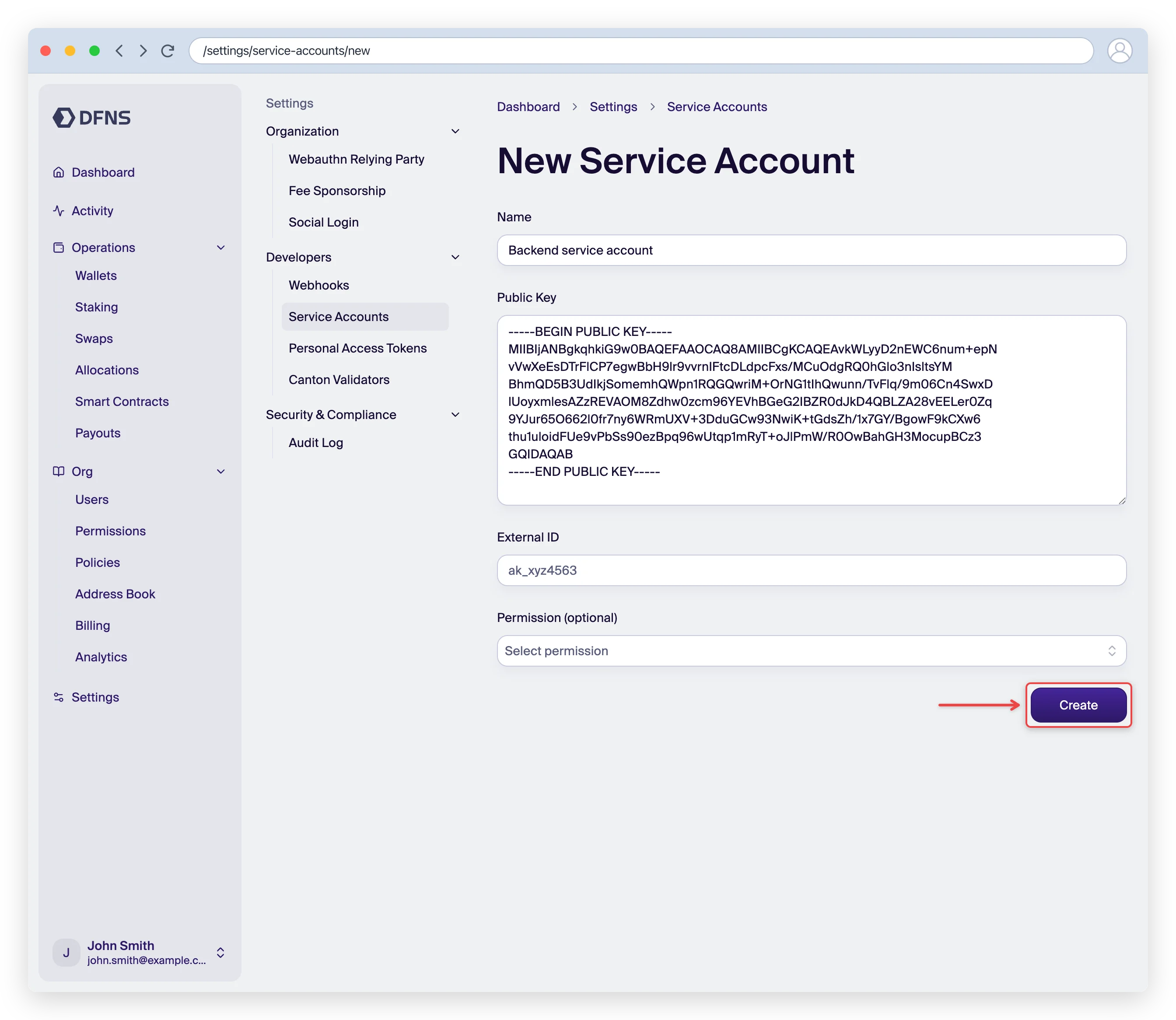 New service account form with a name and public key, Create button highlighted