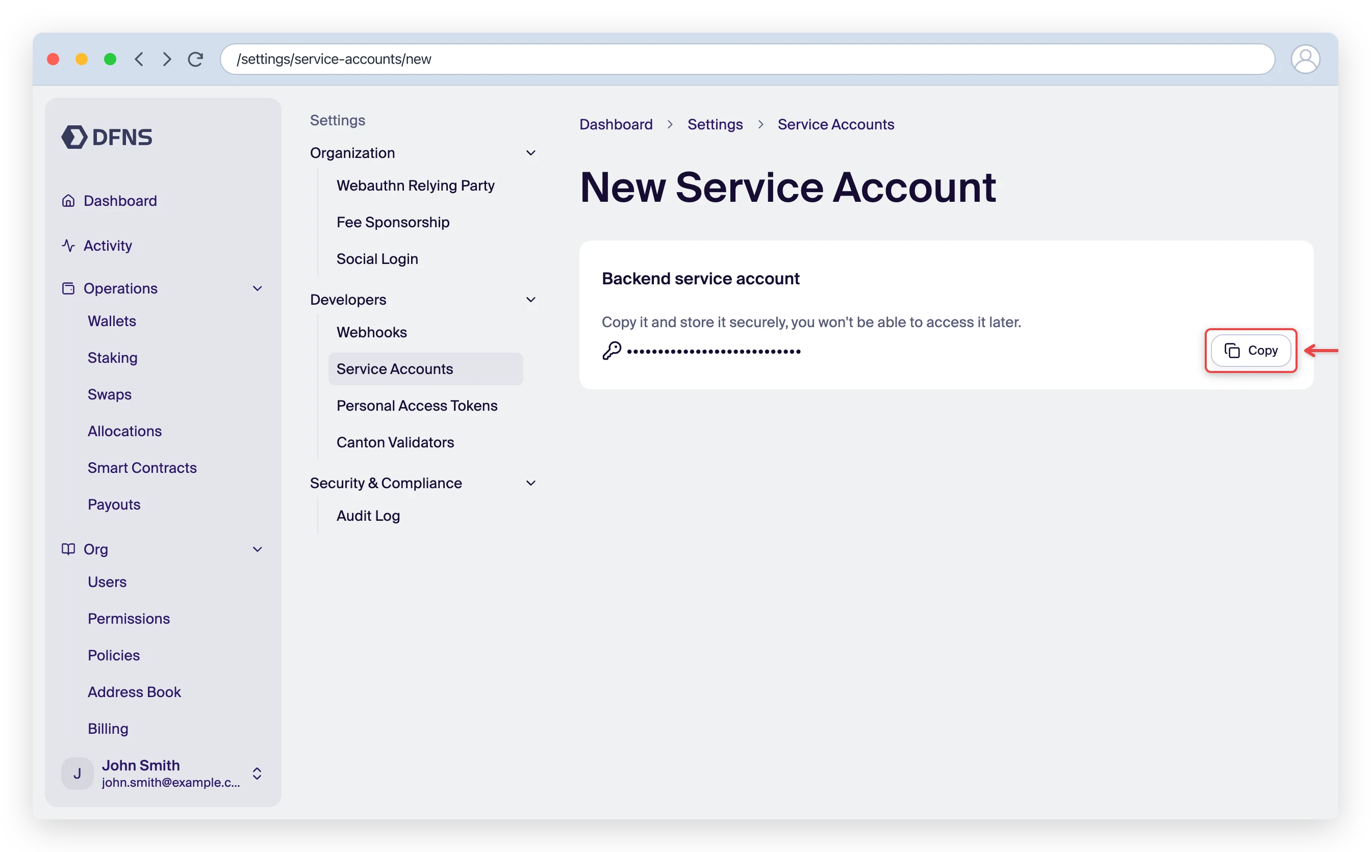 Service account creation showing the masked authentication token with a Copy button