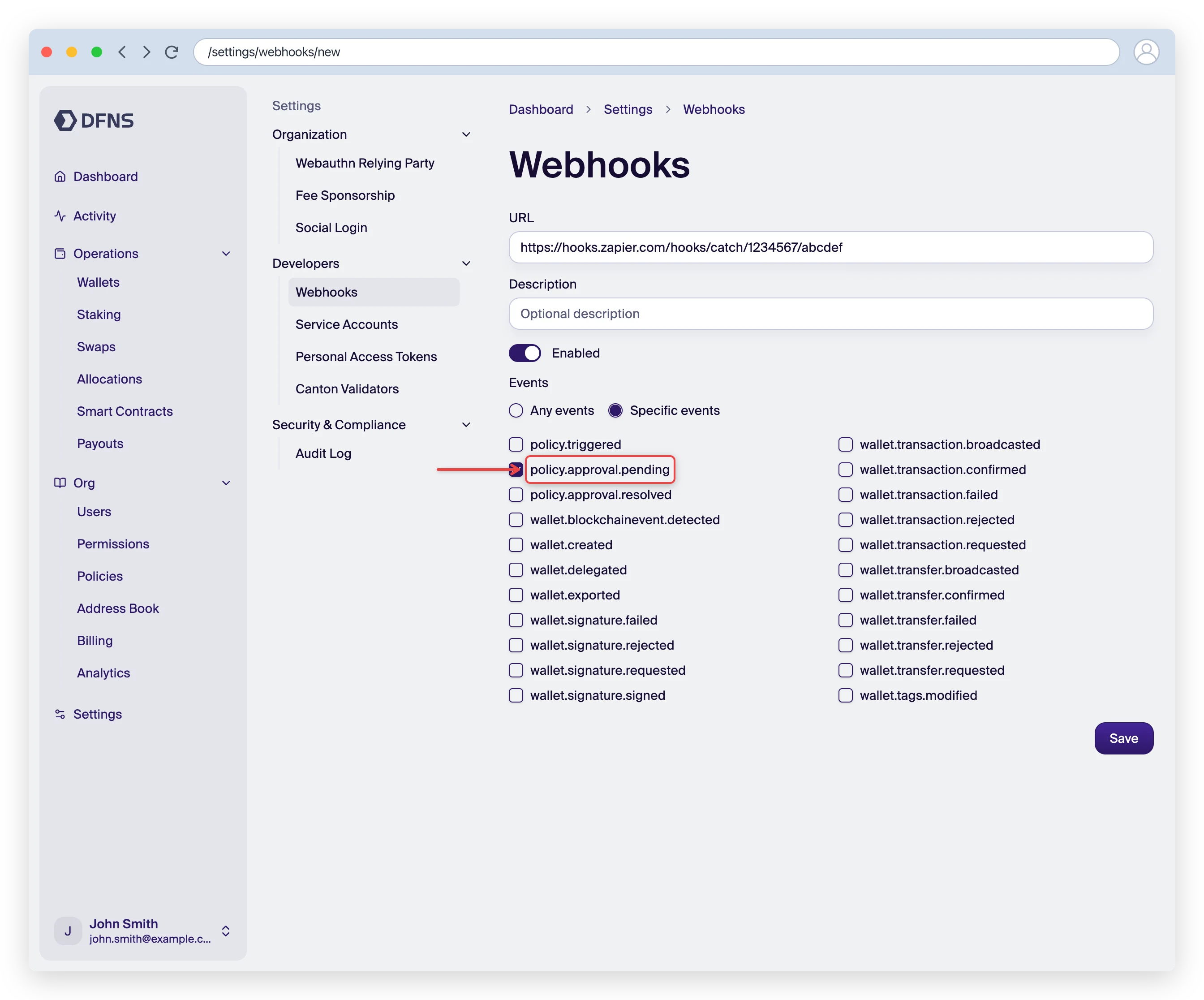 DFNS webhook creation form with Specific Events and policy.approval.pending selected