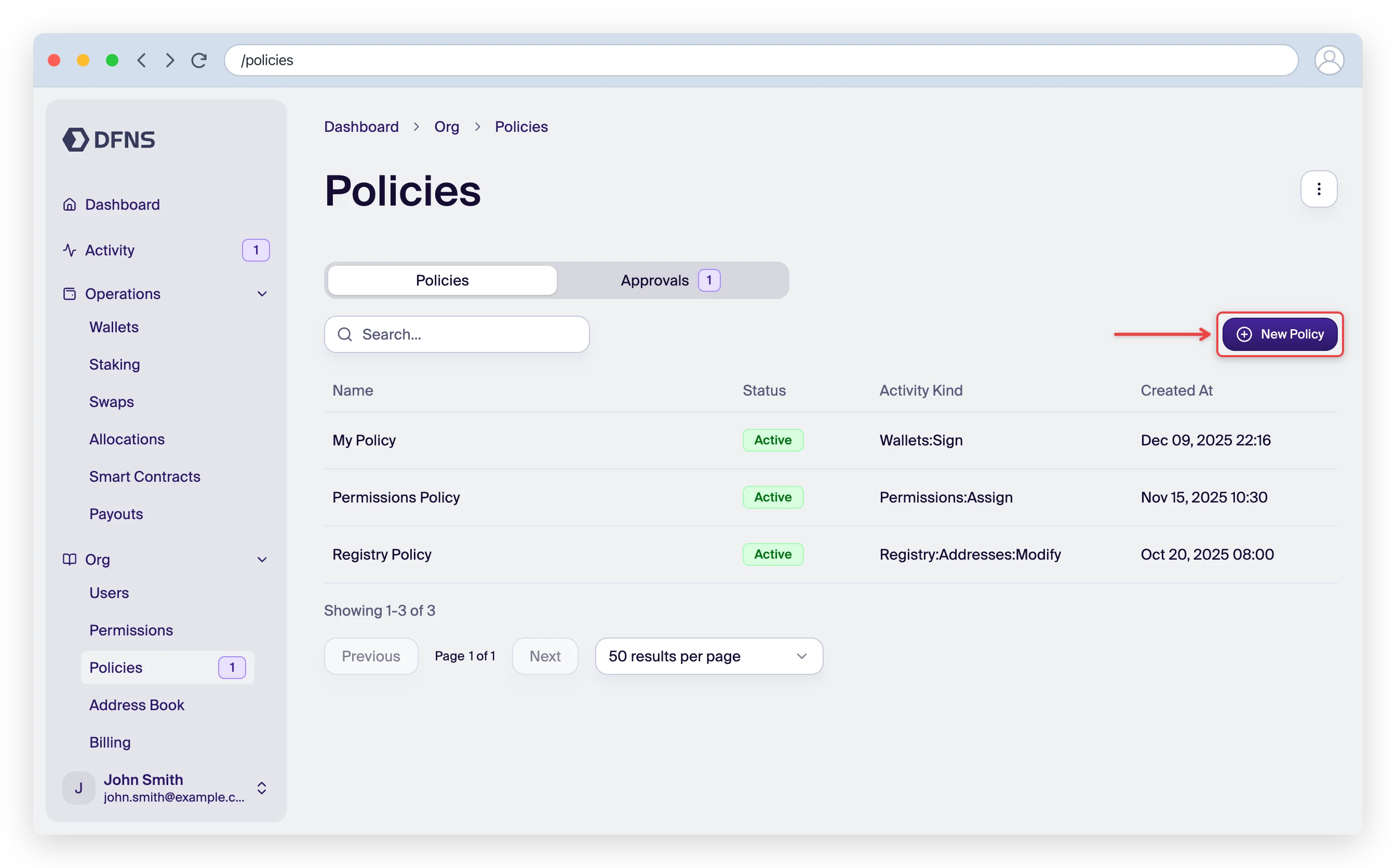 Policies page with the Create Policy button highlighted